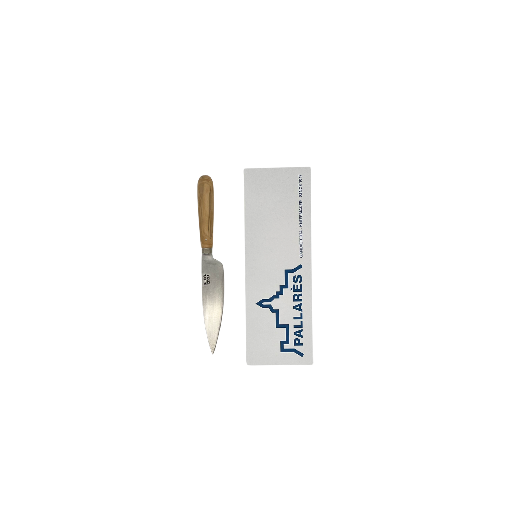 Pallares Solsona 13cm stainless steel kitchen knife with boxwood handle front view with packaging box