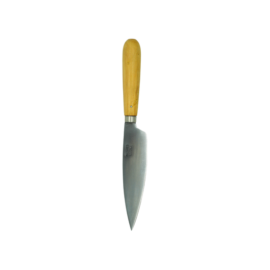 Tip down view of the Pallares Solsona Kitchen Knife 13cm Wide Blade Carbon Steel Boxwood Handle.