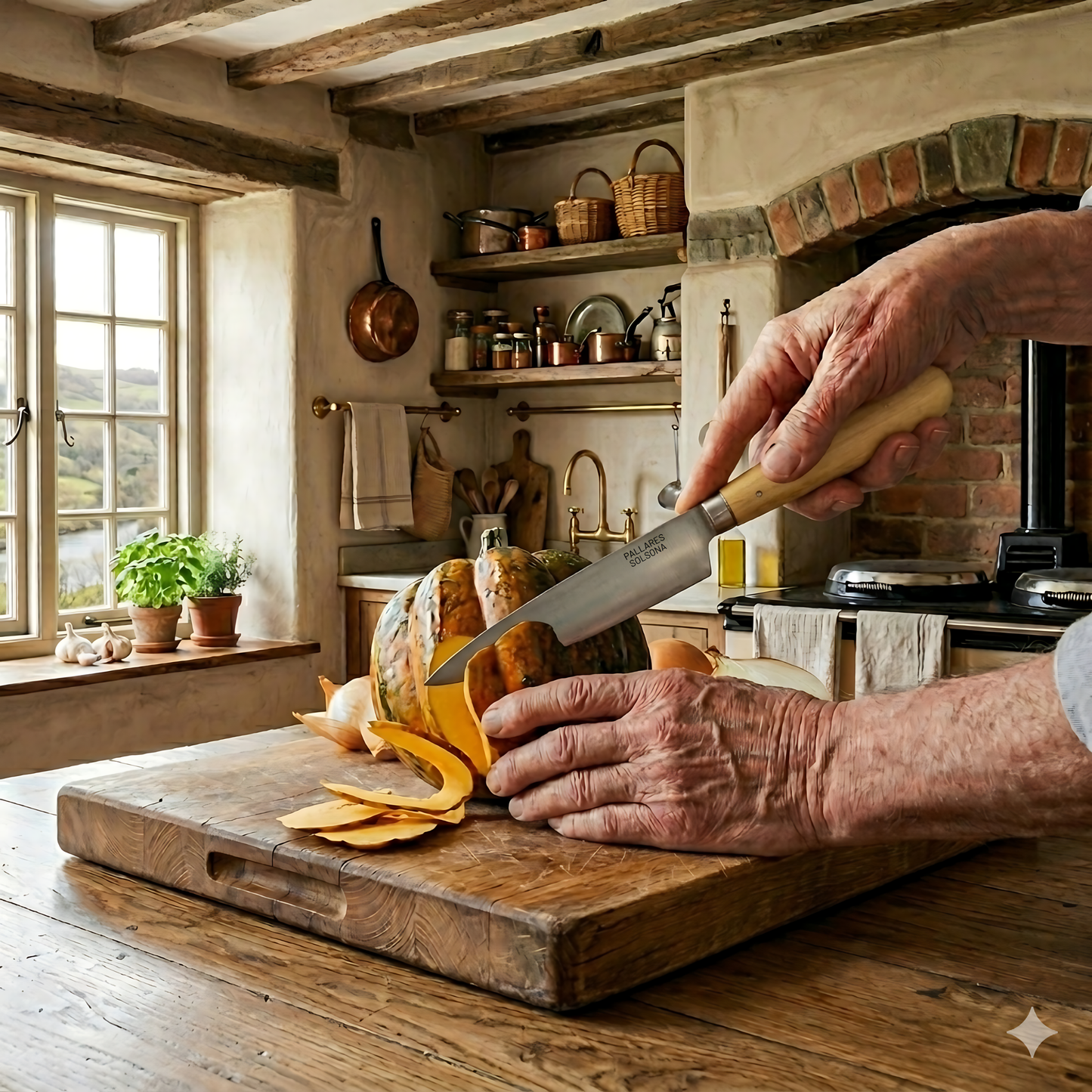Pallares Solsona Kitchen Knife 13cm Wide Blade Carbon Steel Boxwood Handle shown in use in the kitchen.