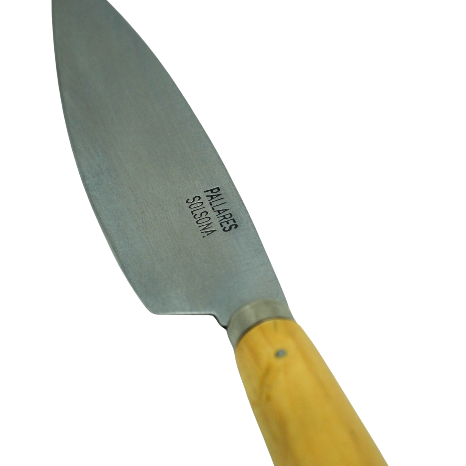 Close up on the knife logo from Pallares Solsona Kitchen Knife 13cm Wide Blade Carbon Steel Boxwood Handle.