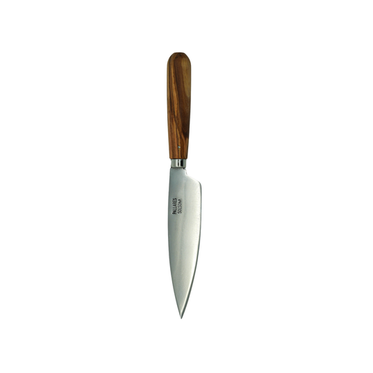 Tip down view of the Pallares Solsona Kitchen Knife 13cm Wide Blade Carbon Steel Olive Wood Handle.