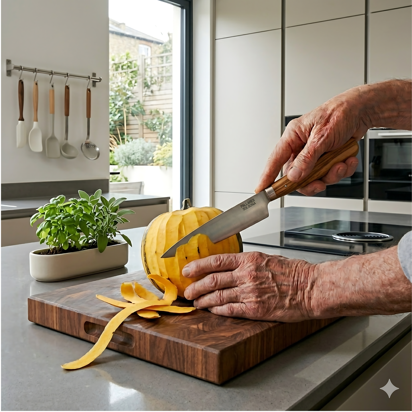 Pallares Solsona Kitchen Knife 13cm Wide Blade Carbon Steel Olive Wood Handle shown in use in the kitchen.