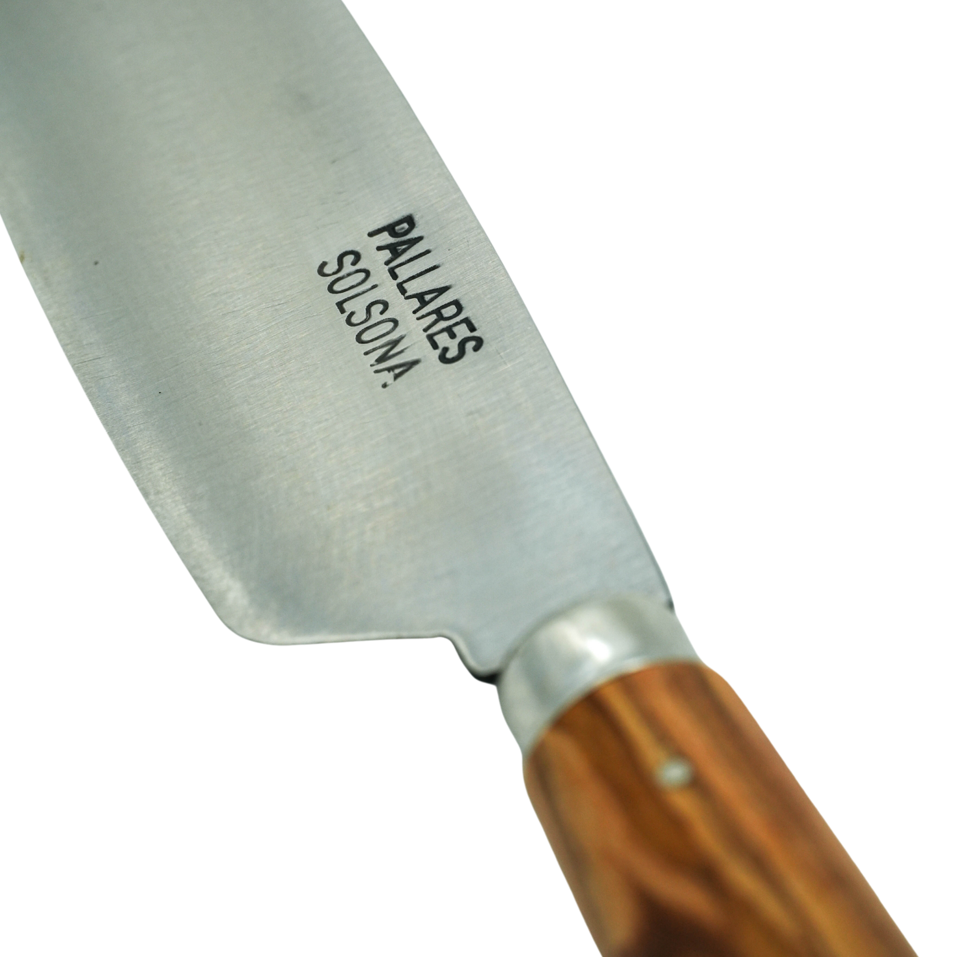 Close up on the knife logo from Pallares Solsona Kitchen Knife 13cm Wide Blade Carbon Steel Olive Wood Handle.