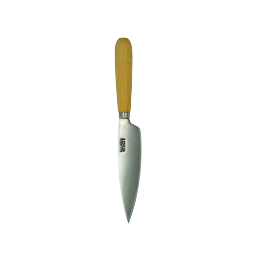 Tip down view of the Pallares Solsona Kitchen Knife 13cm Wide Blade Stainless Steel Boxwood Handle.