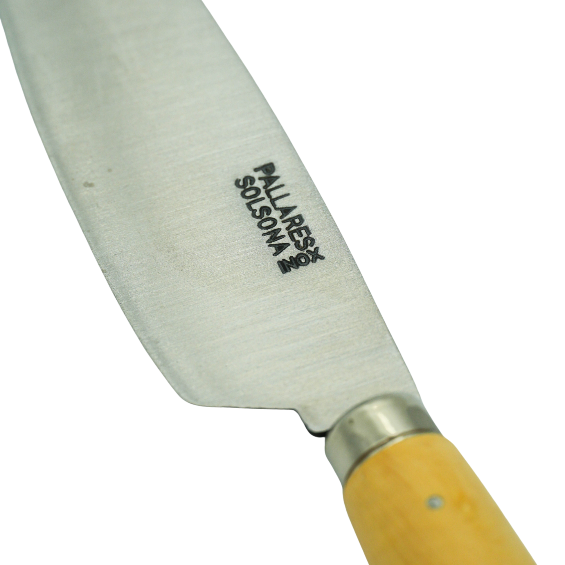 Close up on the knife logo from Pallares Solsona Kitchen Knife 13cm Wide Blade Stainless Steel Boxwood Handle.
