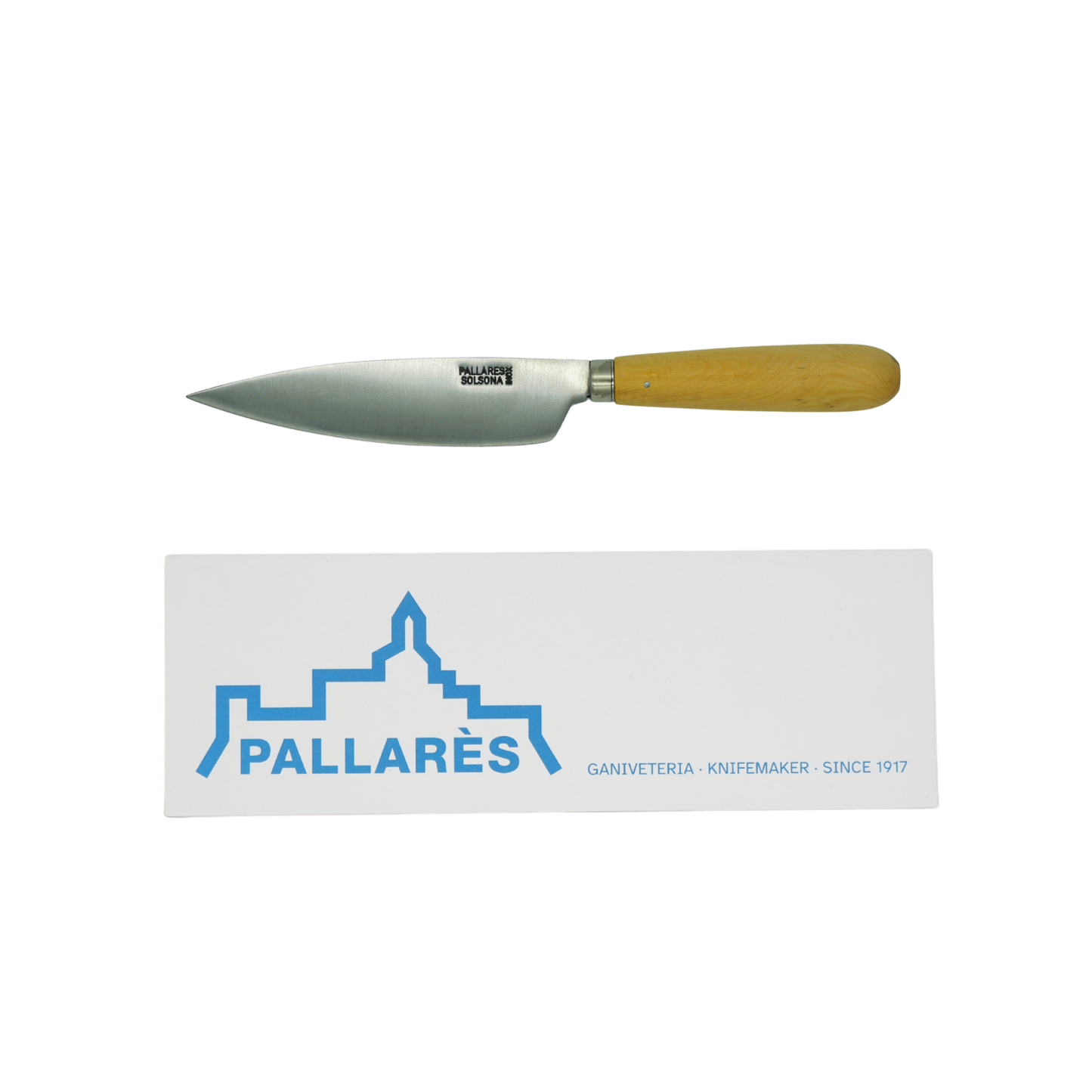 Showing the knife and the box from Pallares Solsona Kitchen Knife 13cm Wide Blade Stainless Steel Boxwood Handle.