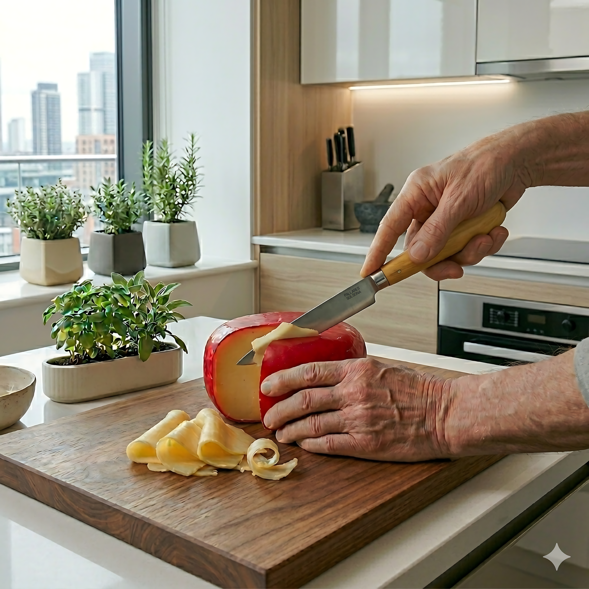 Pallares Solsona Kitchen Knife 15cm Straight Blade Carbon Steel Boxwood Handle shown in use in the kitchen.