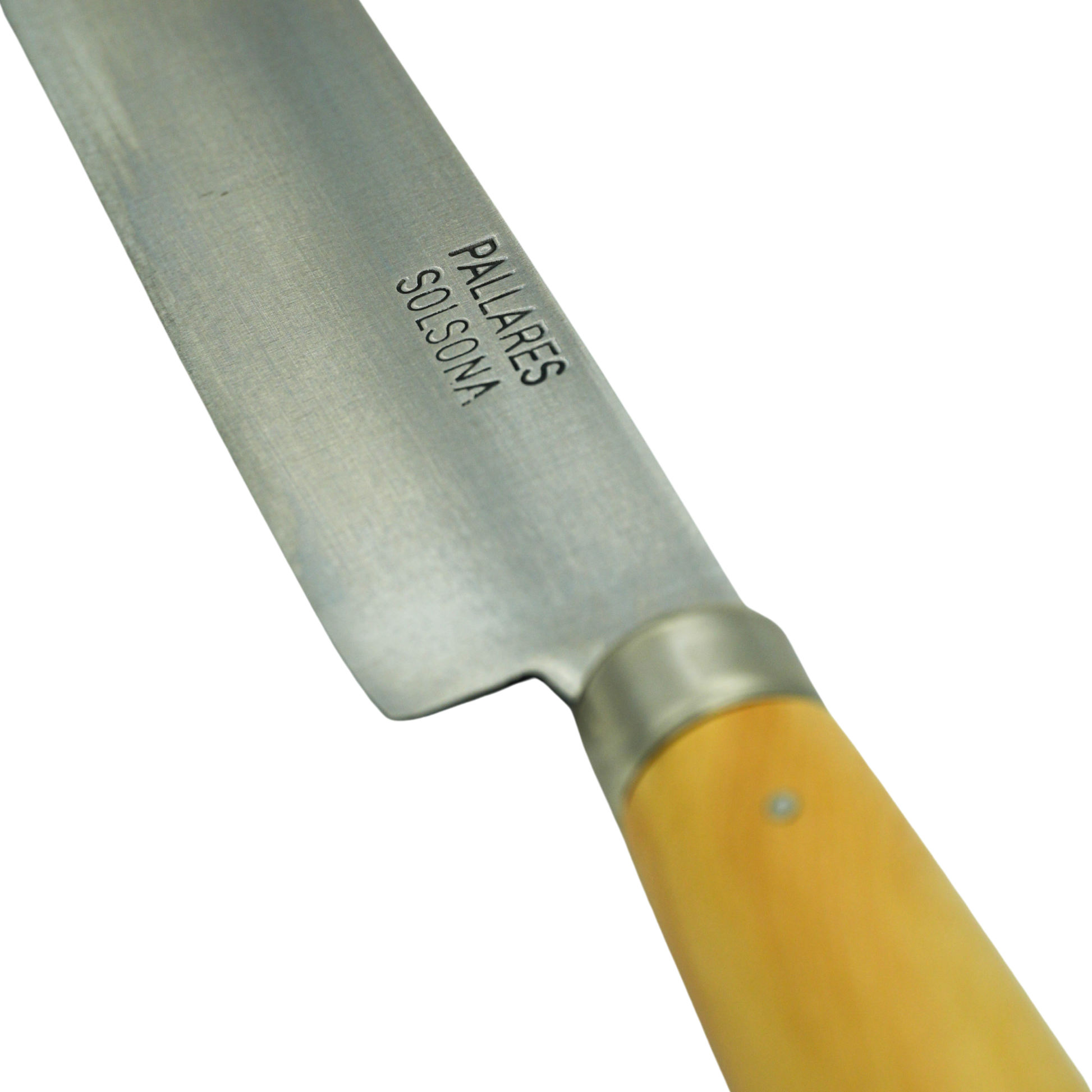 Close up on theknife and logo from Pallares Solsona Kitchen Knife 15cm Straight Blade Carbon Steel Boxwood Handle