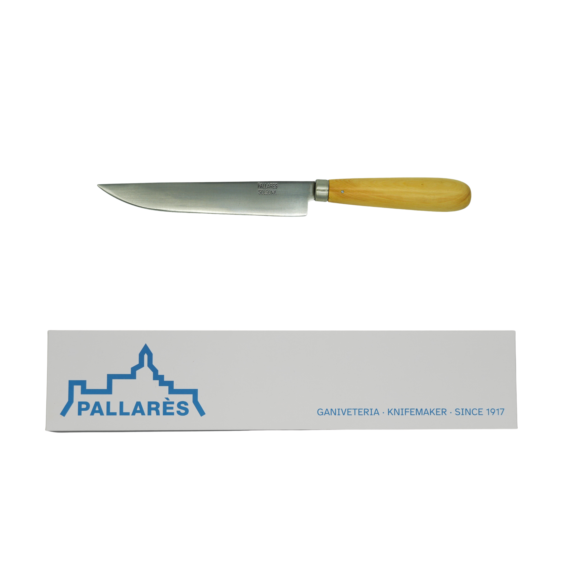 Showing the knife and the box from Pallares Solsona Kitchen Knife 15cm Straight Blade Carbon Steel Boxwood Handle