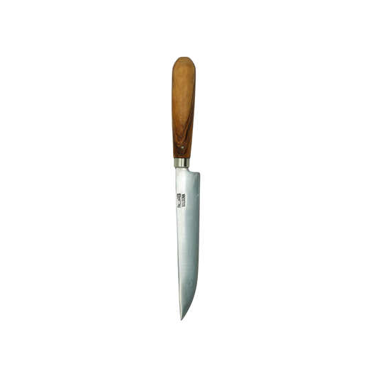 Tip down view of the Pallares Solsona Kitchen Knife 15cm Straight Blade Carbon Steel Olive Wood Handle