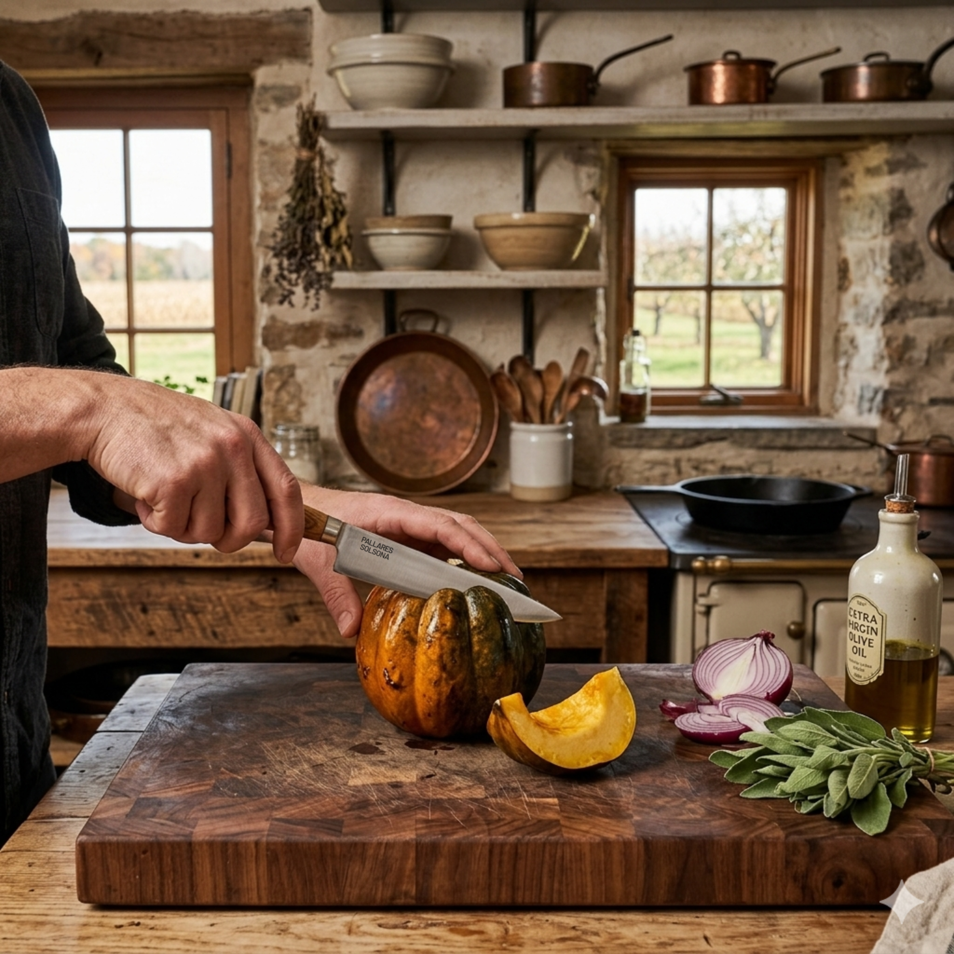 Pallares Solsona Kitchen Knife 15cm Straight Blade Carbon Steel Olive Wood Handle shown in use in the kitchen.