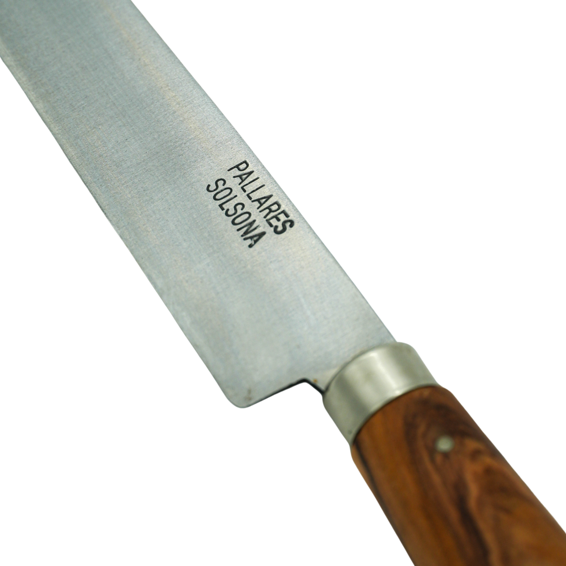 Close up on theknife and logo from Pallares Solsona Kitchen Knife 15cm Straight Blade Carbon Steel Olive Wood Handle