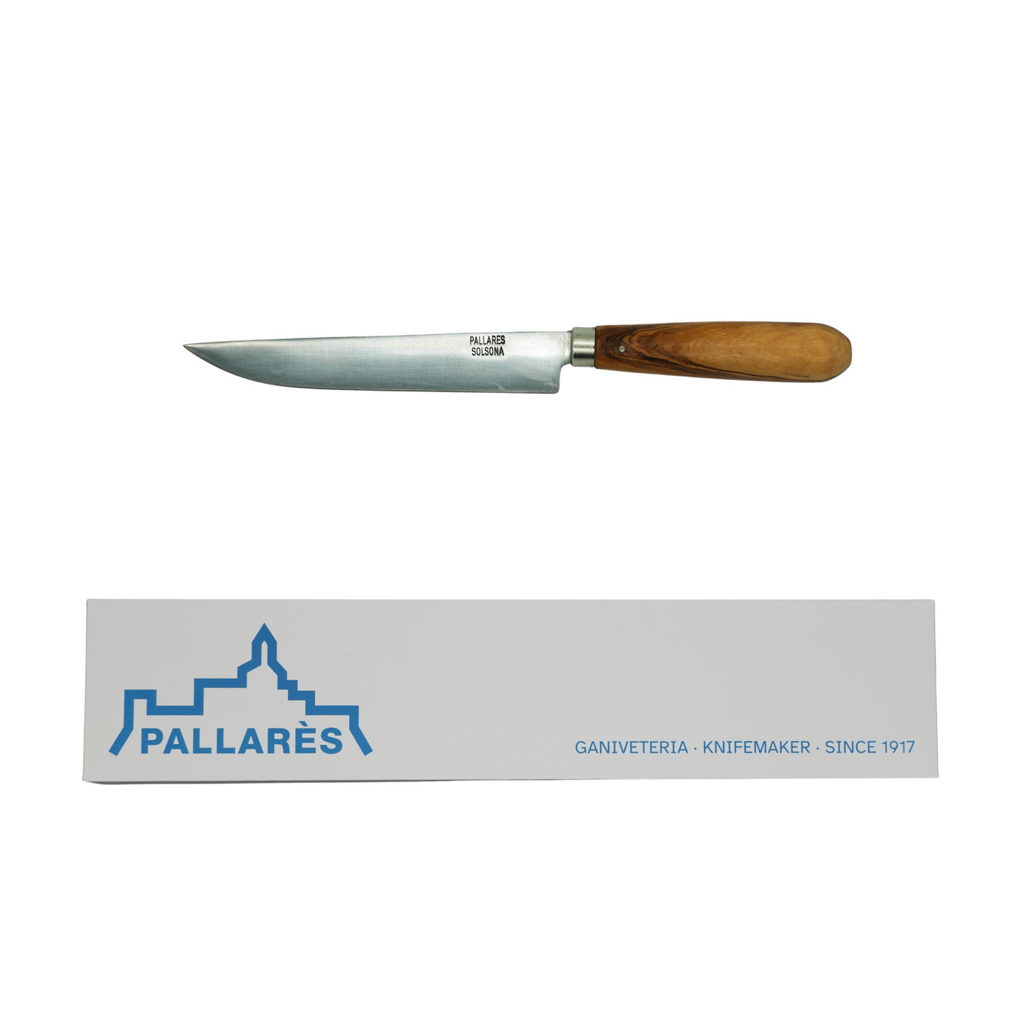 Showing the knife and the box from Pallares Solsona Kitchen Knife 15cm Straight Blade Carbon Steel Olive Wood Handle