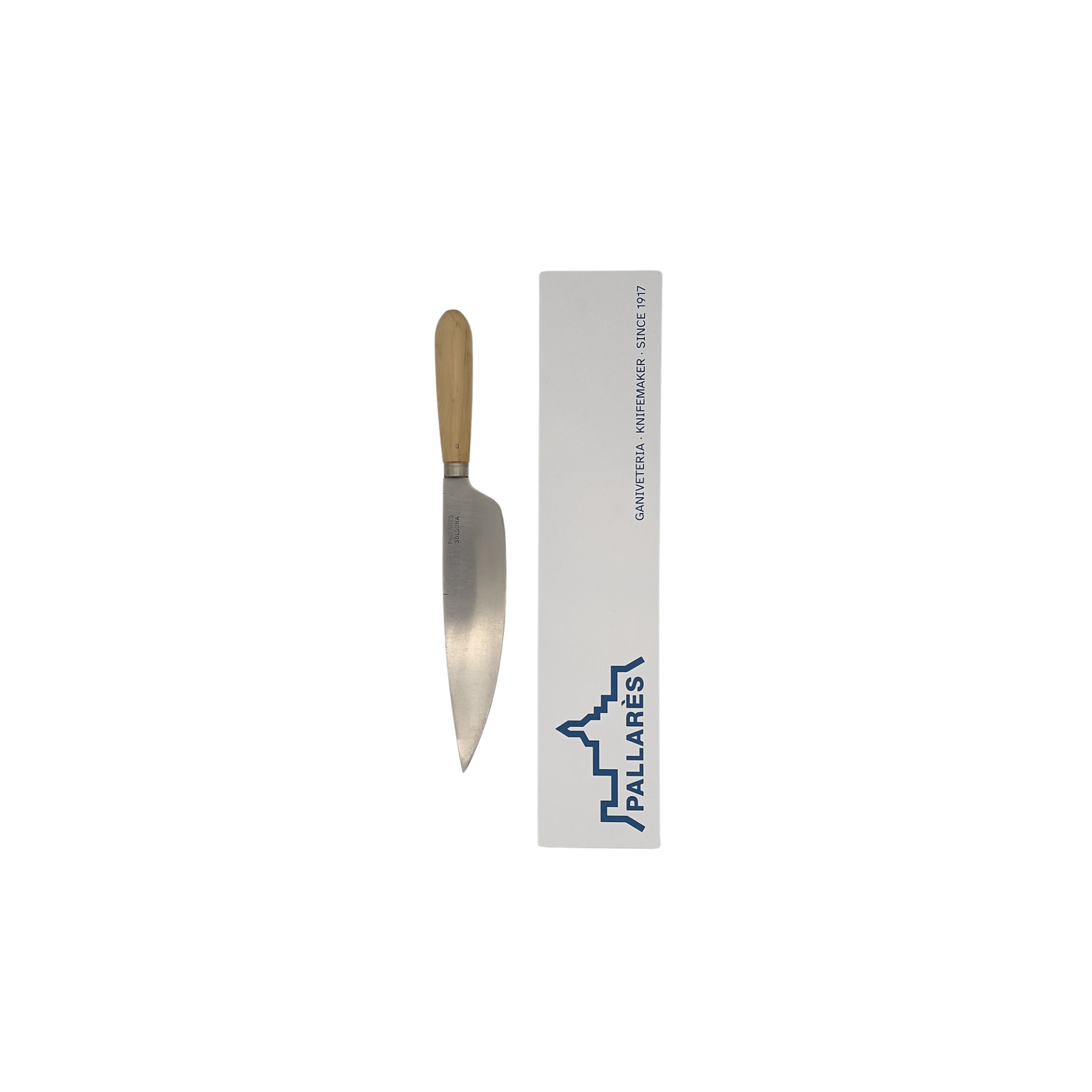Pallares Solsona 22cm carbon steel kitchen knife with boxwood handle front view with packaging box