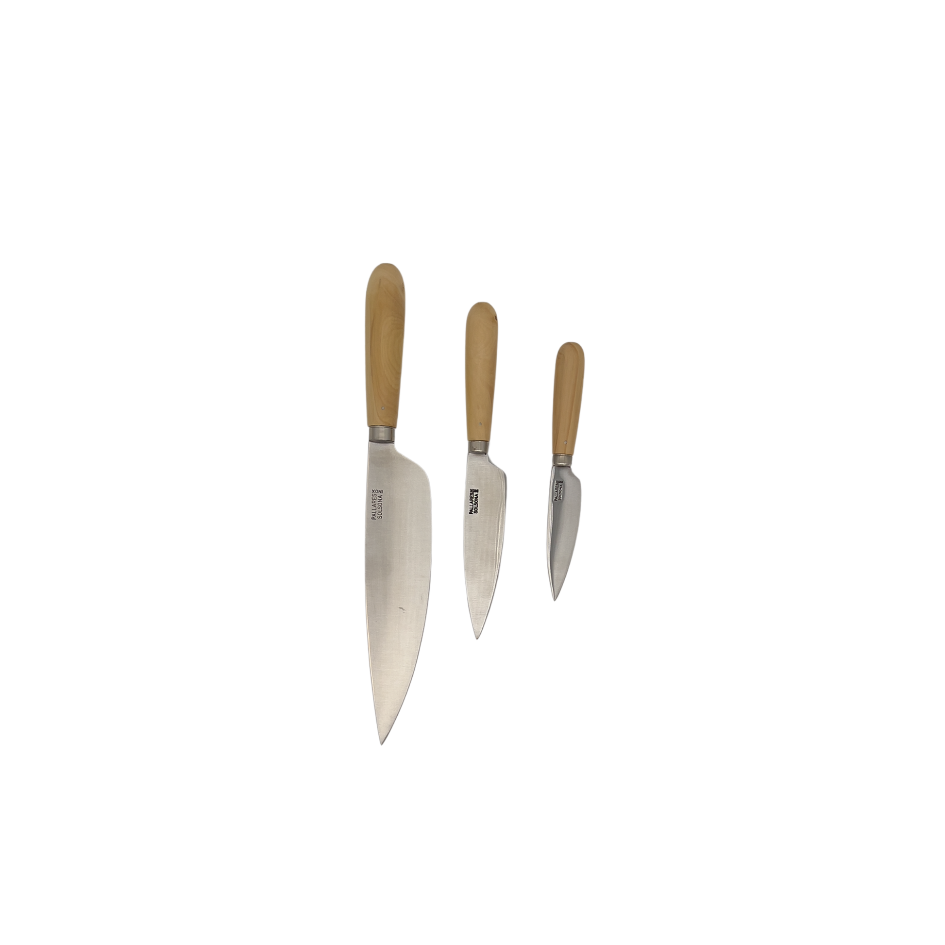 Pallares Solsona carbon steel kitchen knife range next to eachother front view