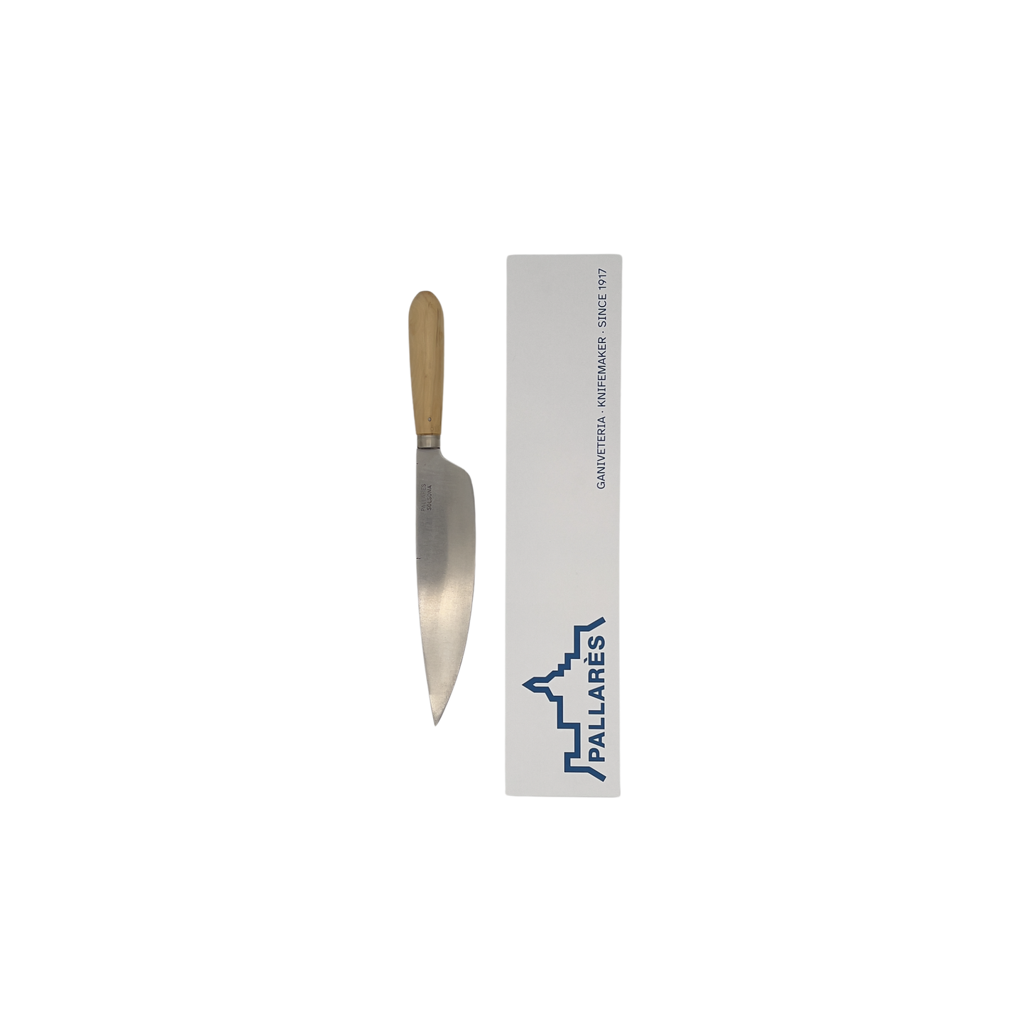 Pallares Solsona 22cm stainless steel kitchen knife with boxwood handle front view with packaging box