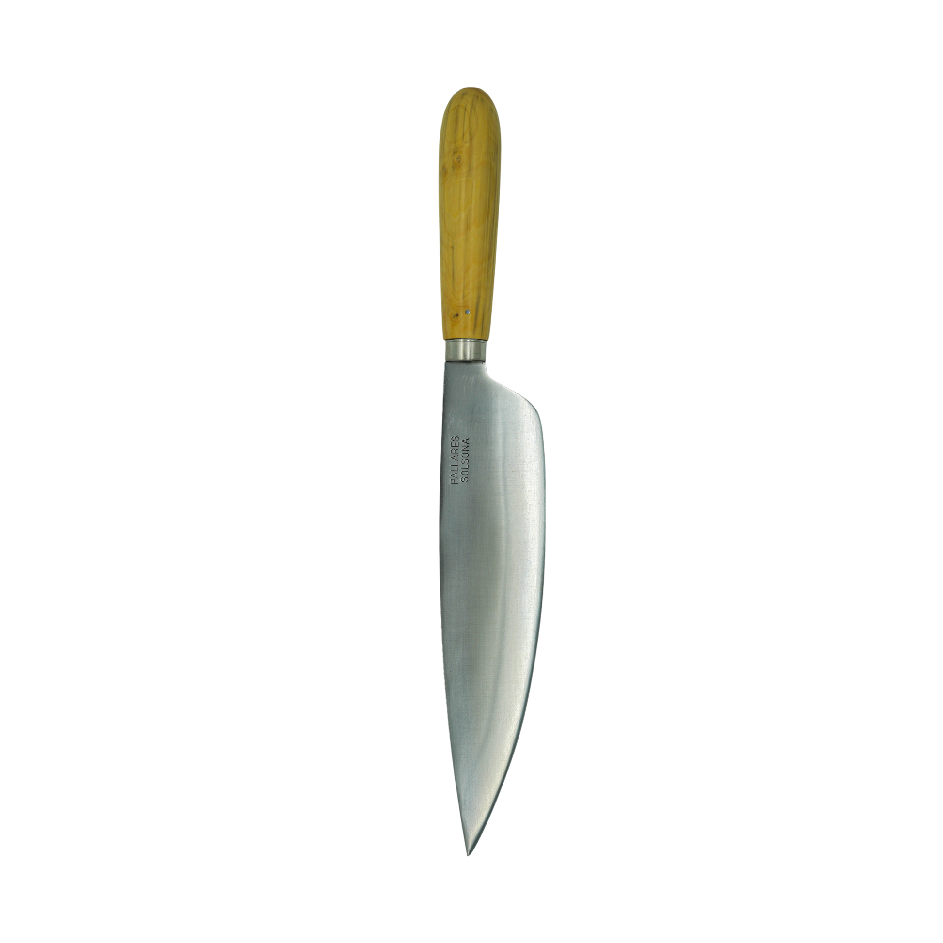 Tip down view of the Pallares Solsona Kitchen Knife 22cm Wide Blade Carbon Steel Boxwood Handle