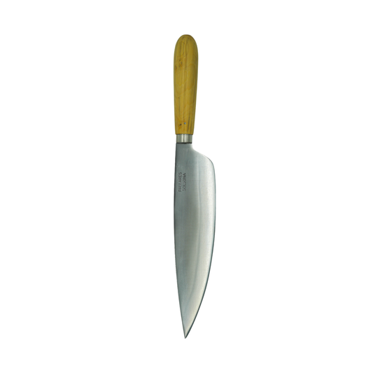 Tip down view of the Pallares Solsona Kitchen Knife 22cm Wide Blade Carbon Steel Boxwood Handle
