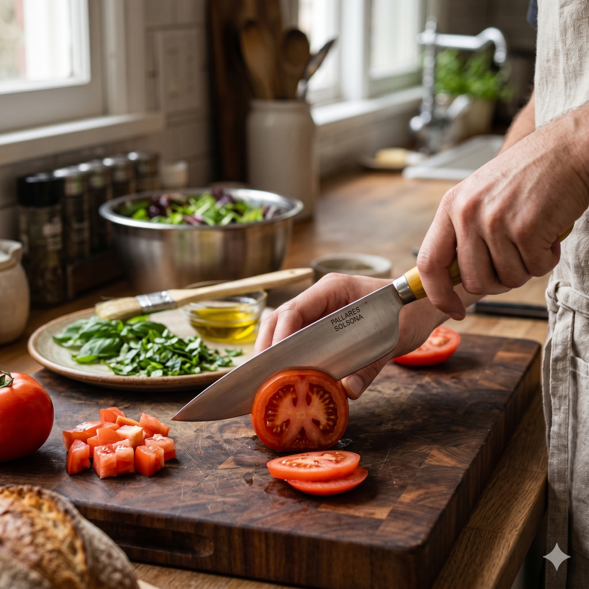 Pallares Solsona Kitchen Knife 22cm Wide Blade Carbon Steel Boxwood Handle shown in use in the kitchen.