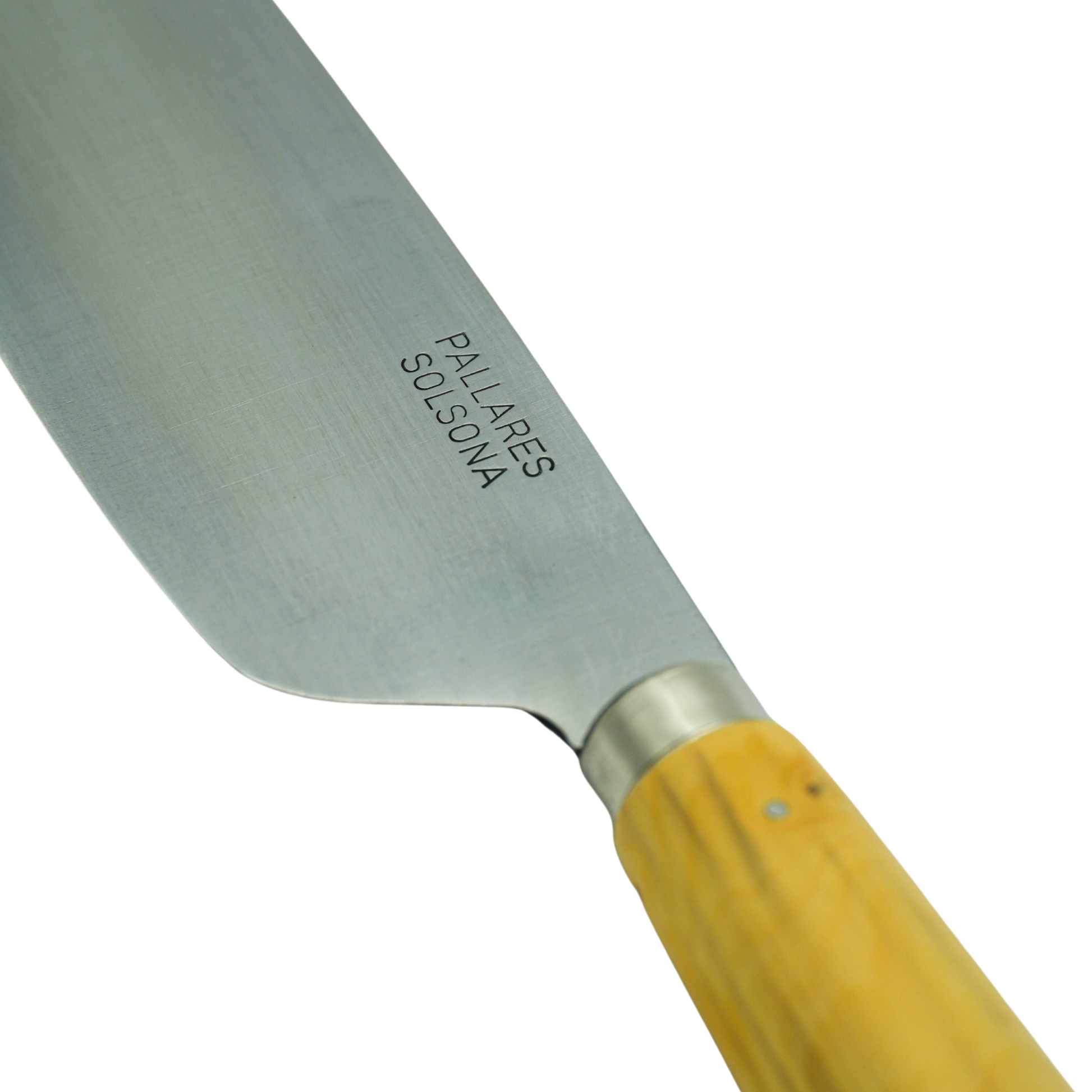 Close up on theknife and logo from Pallares Solsona Kitchen Knife 22cm Wide Blade Carbon Steel Boxwood Handle