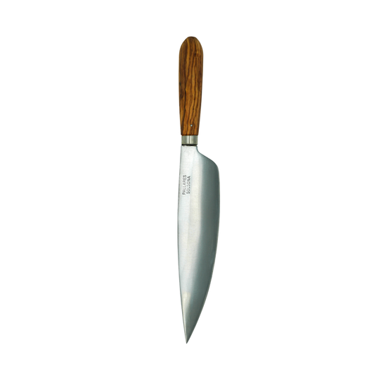 Tip down view of the Pallares Solsona Kitchen Knife 22cm Wide Blade Carbon Steel Olive Wood Handle