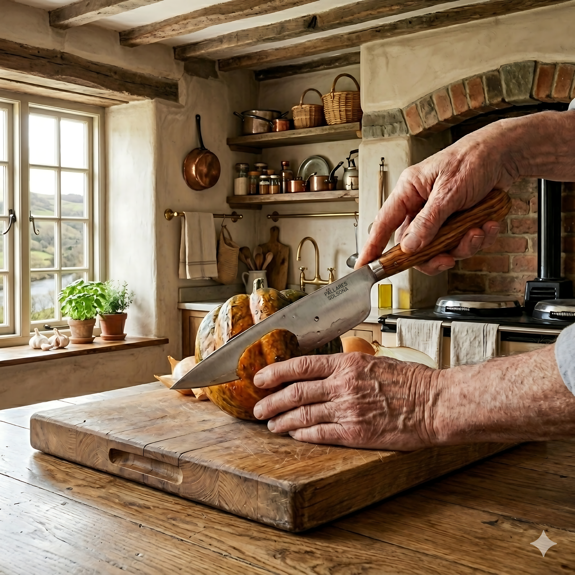 Pallares Solsona Kitchen Knife 22cm Wide Blade Carbon Steel Olive Wood Handle shown in use in the kitchen.