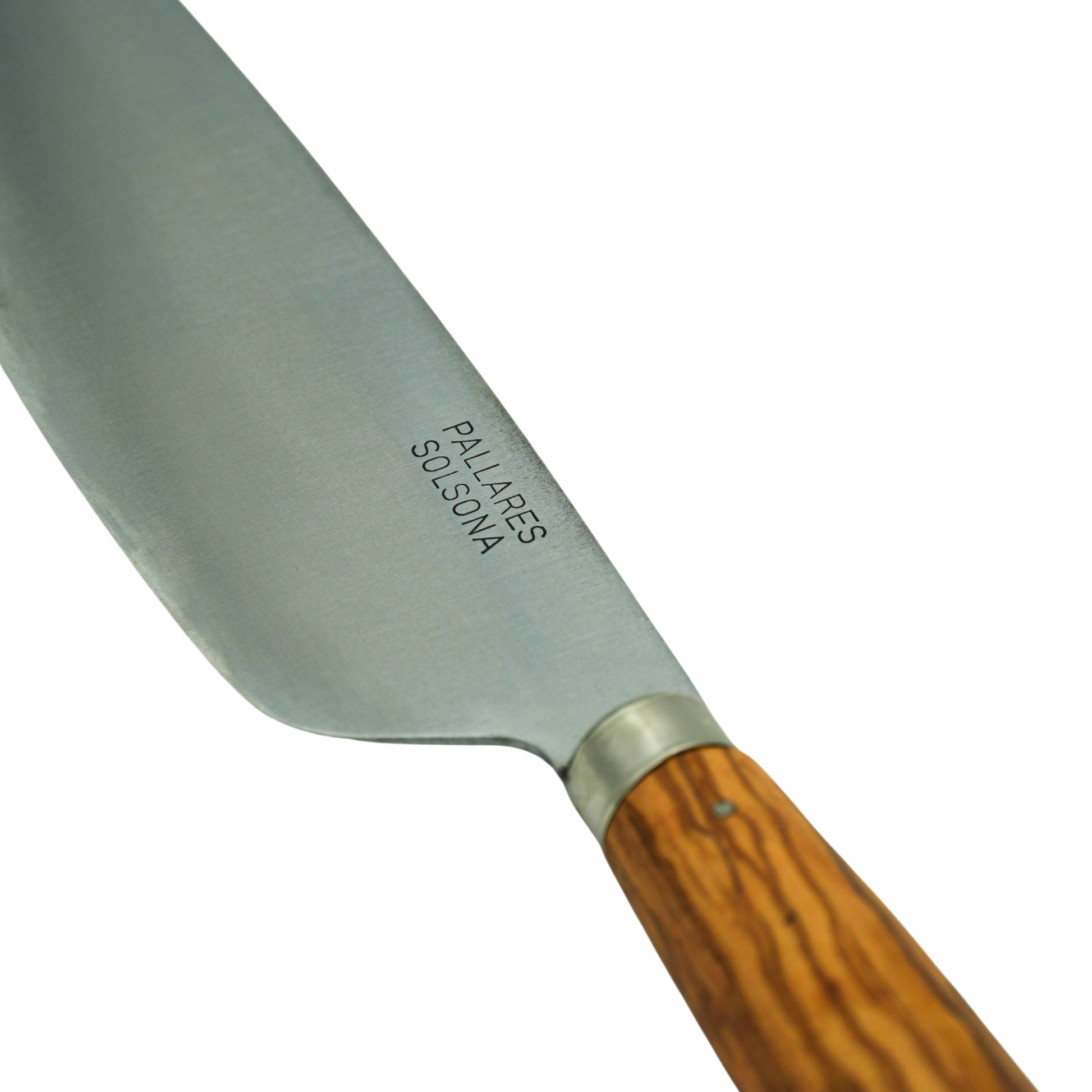 Close up on the knife logo from Pallares Solsona Kitchen Knife 22cm Wide Blade Carbon Steel Olive Wood Handle
