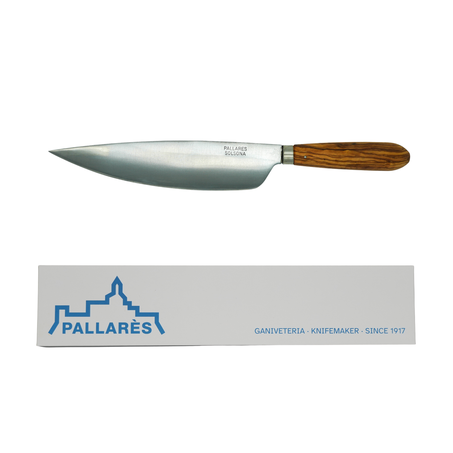 Showing the knife and the box from Pallares Solsona Kitchen Knife 22cm Wide Blade Carbon Steel Olive Wood Handle