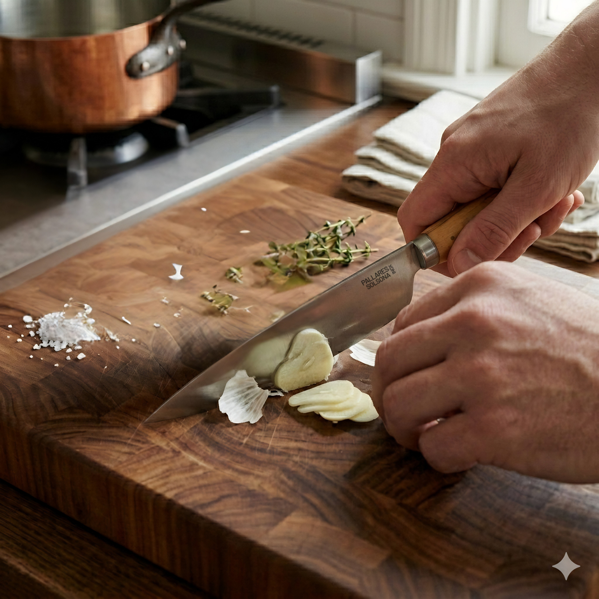 Pallares Solsona Kitchen Knife 22cm Wide Blade Stainless Steel Boxwood Handle shown in use in the kitchen.