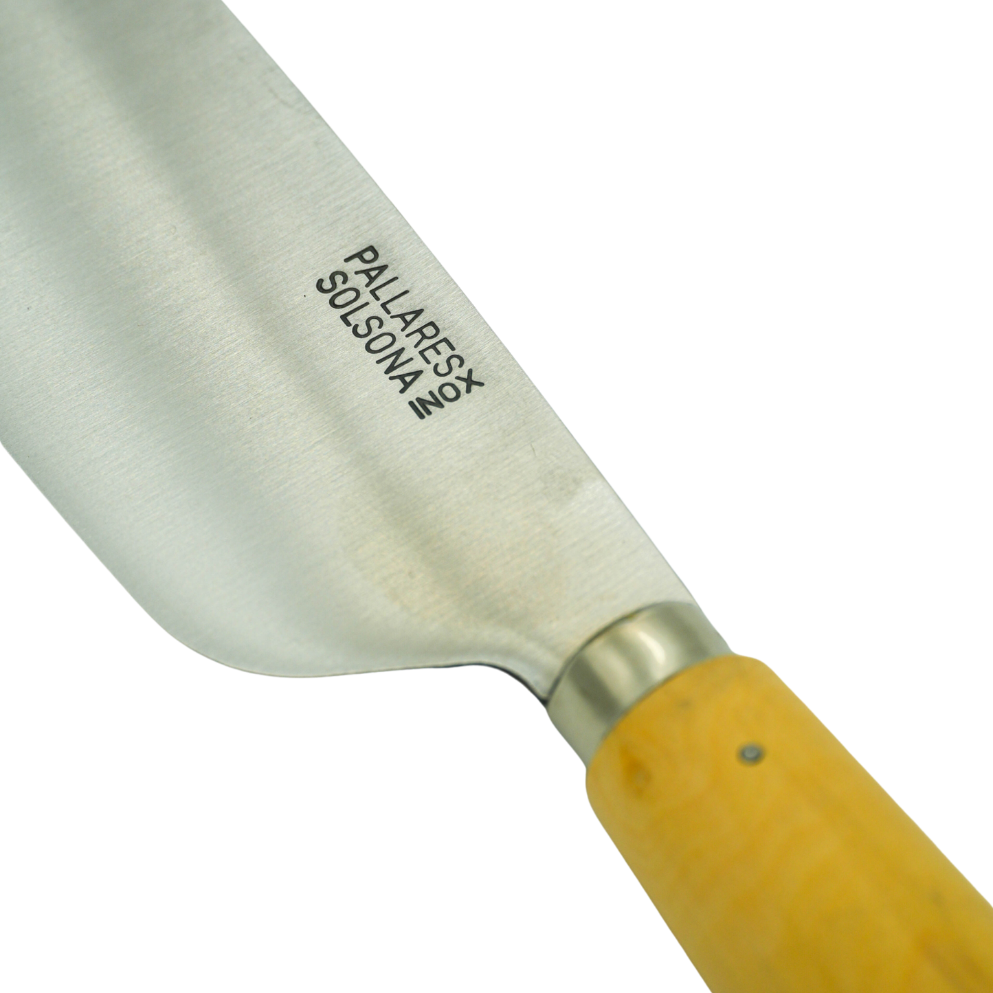 Close up on the knife logo from Pallares Solsona Kitchen Knife 22cm Wide Blade Stainless Steel Boxwood Handle