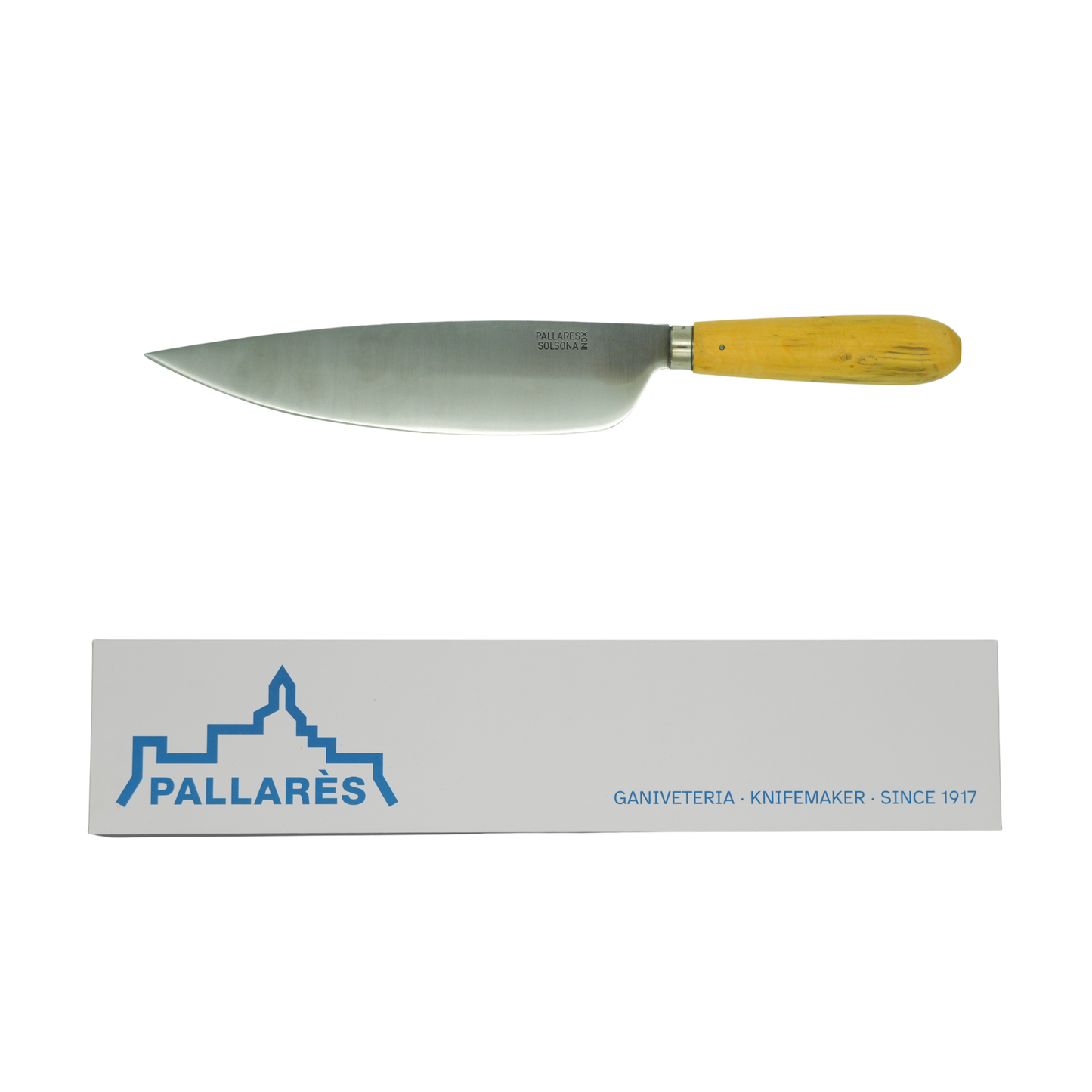 Showing the knife and the box from Pallares Solsona Kitchen Knife 22cm Wide Blade Stainless Steel Boxwood Handle