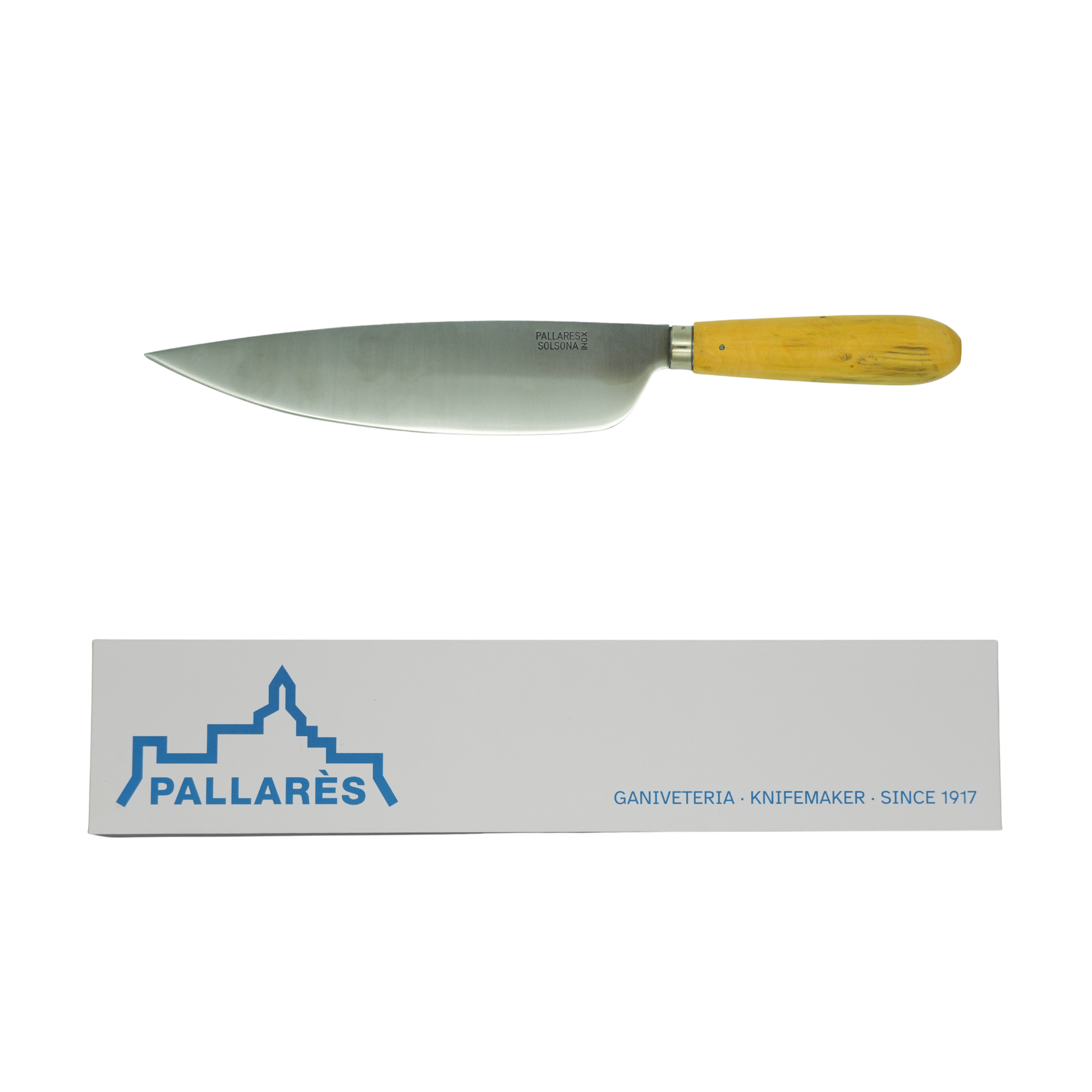Showing the knife and the box from Pallares Solsona Kitchen Knife 22cm Wide Blade Stainless Steel Boxwood Handle