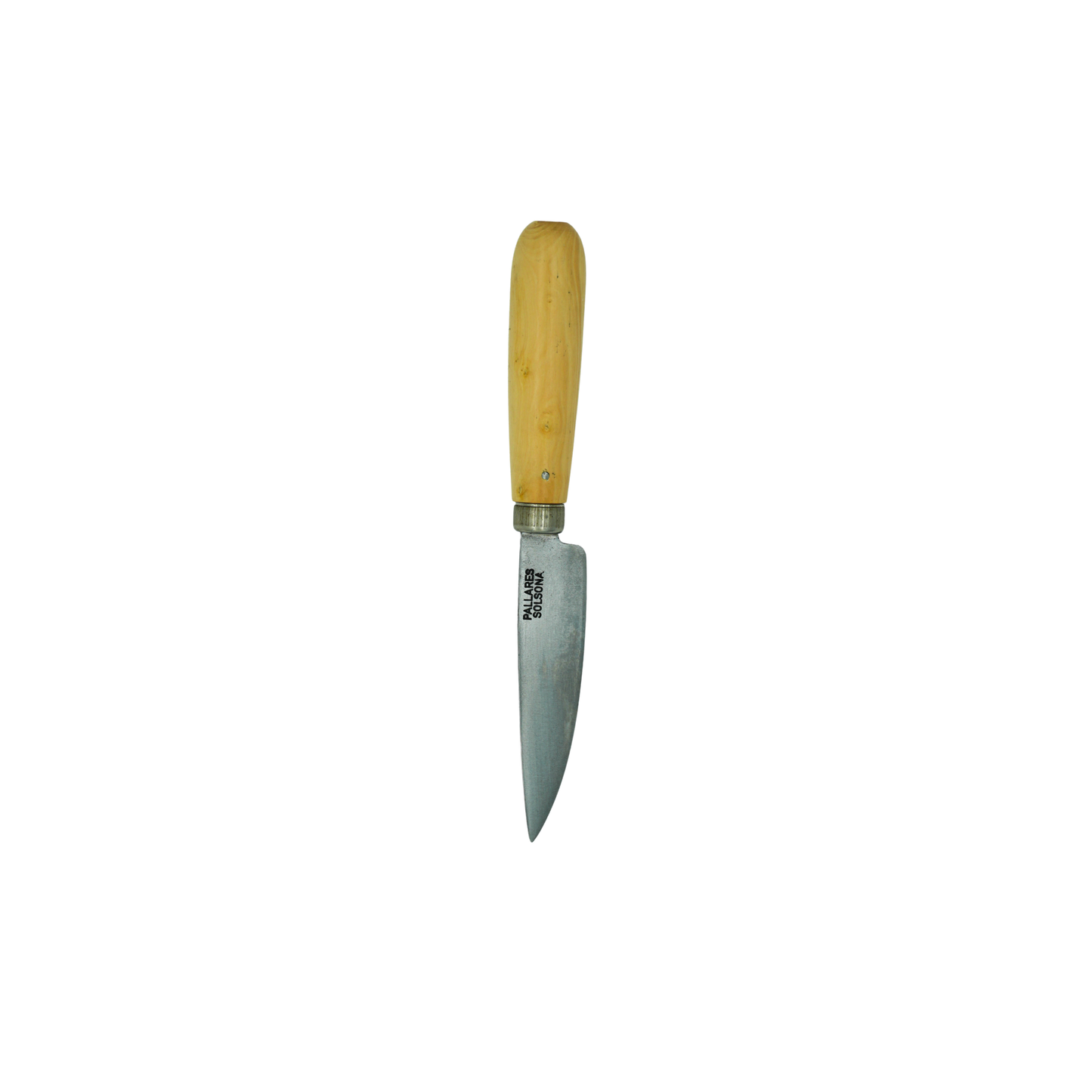 Tip down view of the Pallares Solsona Kitchen Knife 8cm Straight Blade Carbon Steel Boxwood Handle