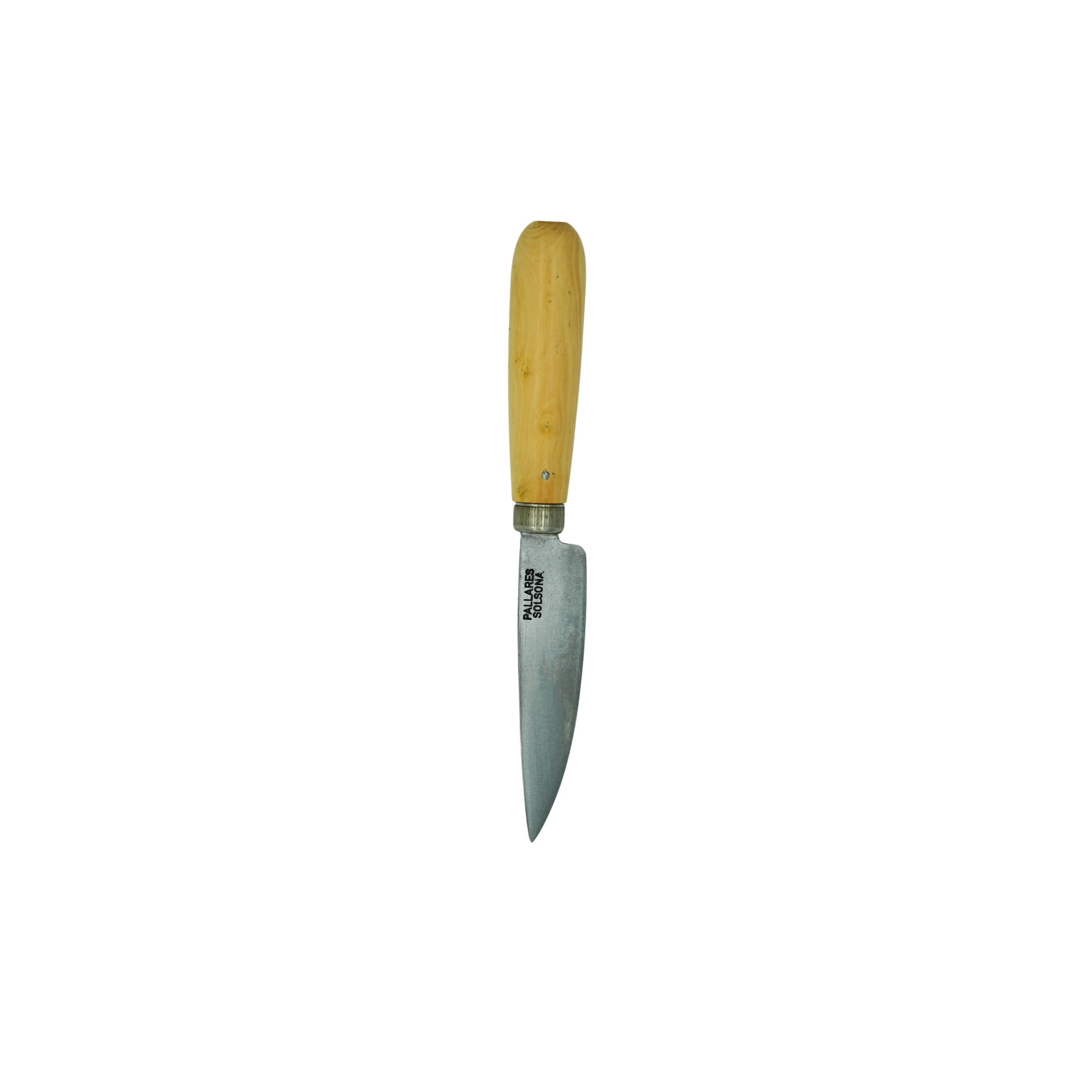 Tip down view of the Pallares Solsona Kitchen Knife 8cm Straight Blade Carbon Steel Boxwood Handle