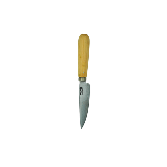 Tip down view of the Pallares Solsona Kitchen Knife 8cm Straight Blade Carbon Steel Boxwood Handle