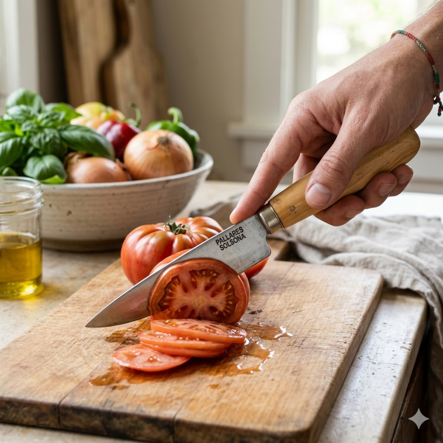 Pallares Solsona Kitchen Knife 8cm Straight Blade Carbon Steel Boxwood Handle shown in use in the kitchen.