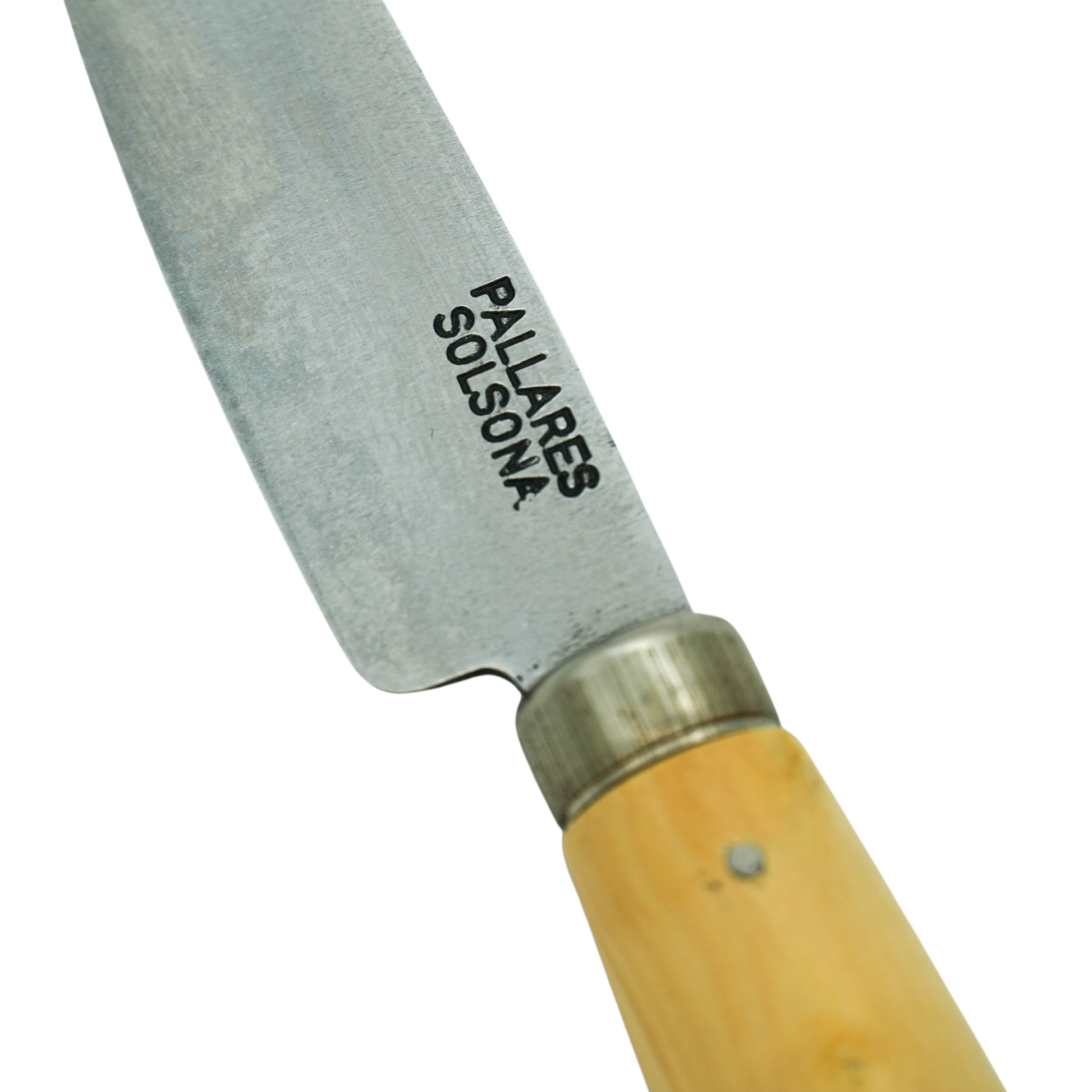 Close up on the knife logo from Pallares Solsona Kitchen Knife 8cm Straight Blade Carbon Steel Boxwood Handle