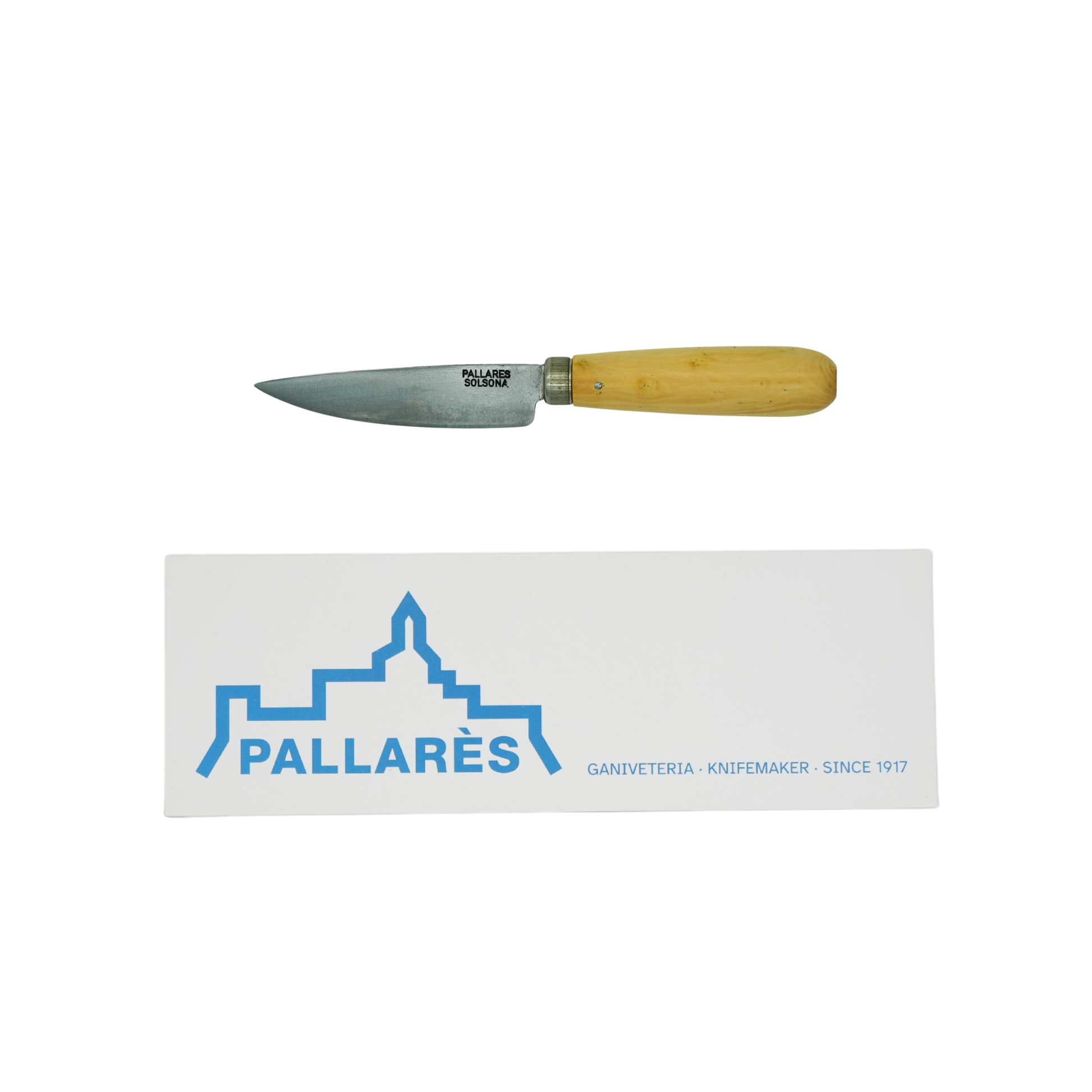 Showing the knife and the box from Pallares Solsona Kitchen Knife 8cm Straight Blade Carbon Steel Boxwood Handle