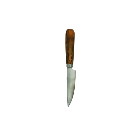 Tip down view of the Pallares Solsona Kitchen Knife 8cm Straight Blade Carbon Steel Olive Wood Handle