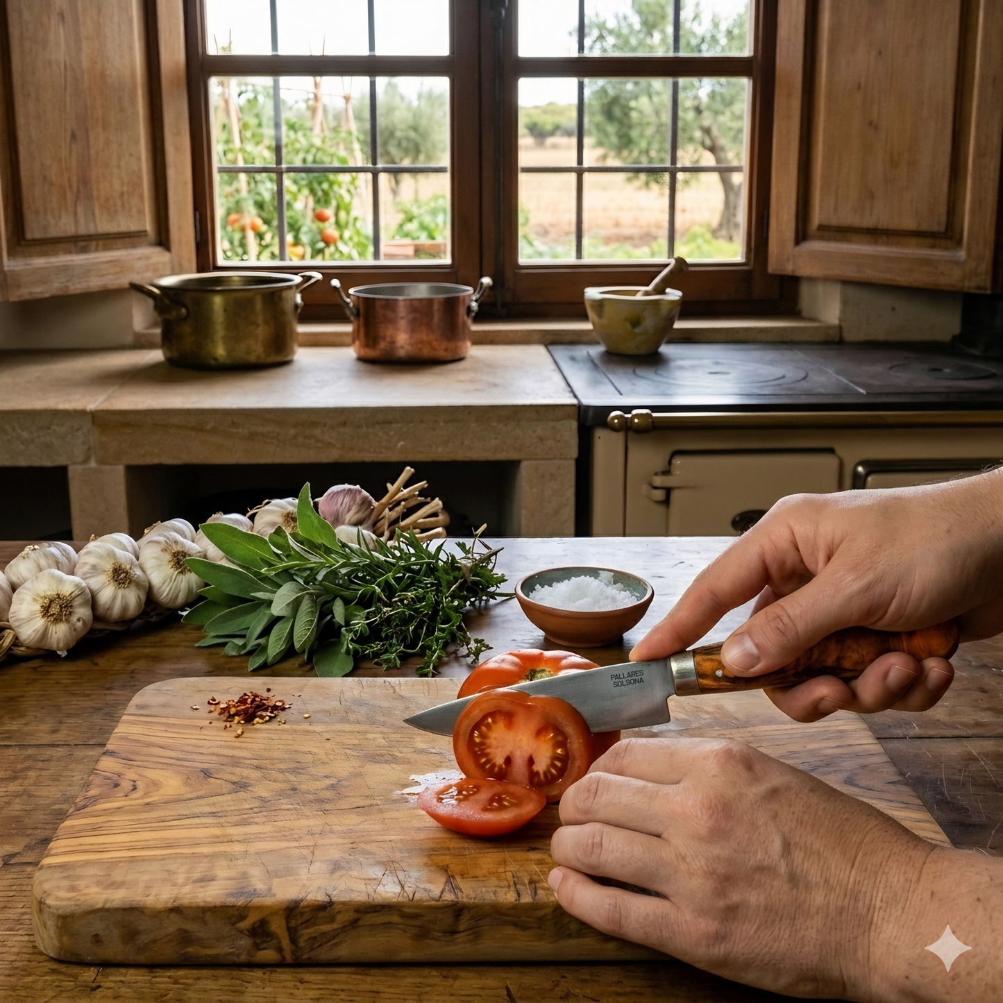 Pallares Solsona Kitchen Knife 8cm Straight Blade Carbon Steel Olive Wood Handle shown in use in the kitchen.