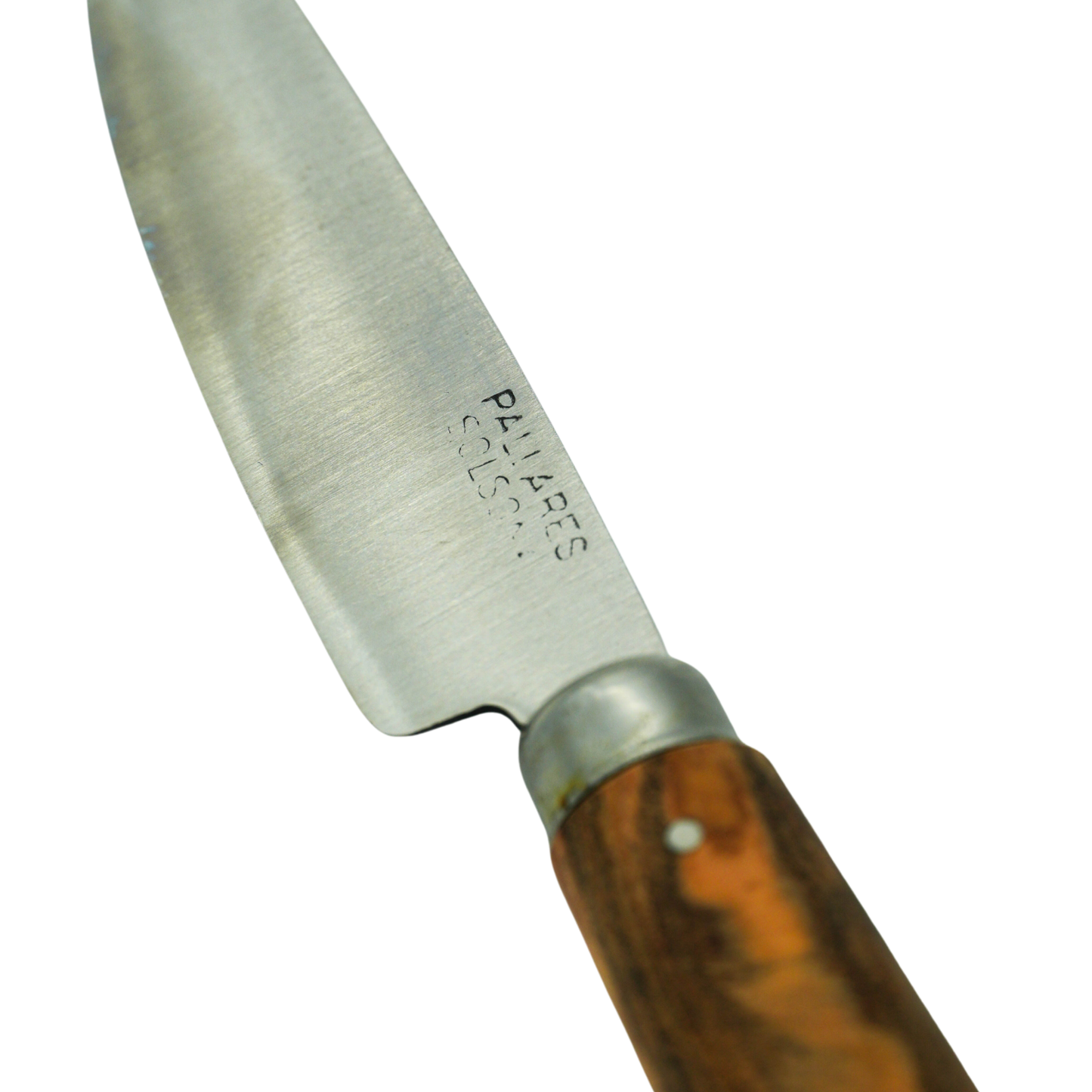 Close up on the knife logo from Pallares Solsona Kitchen Knife 8cm Straight Blade Carbon Steel Olive Wood Handle