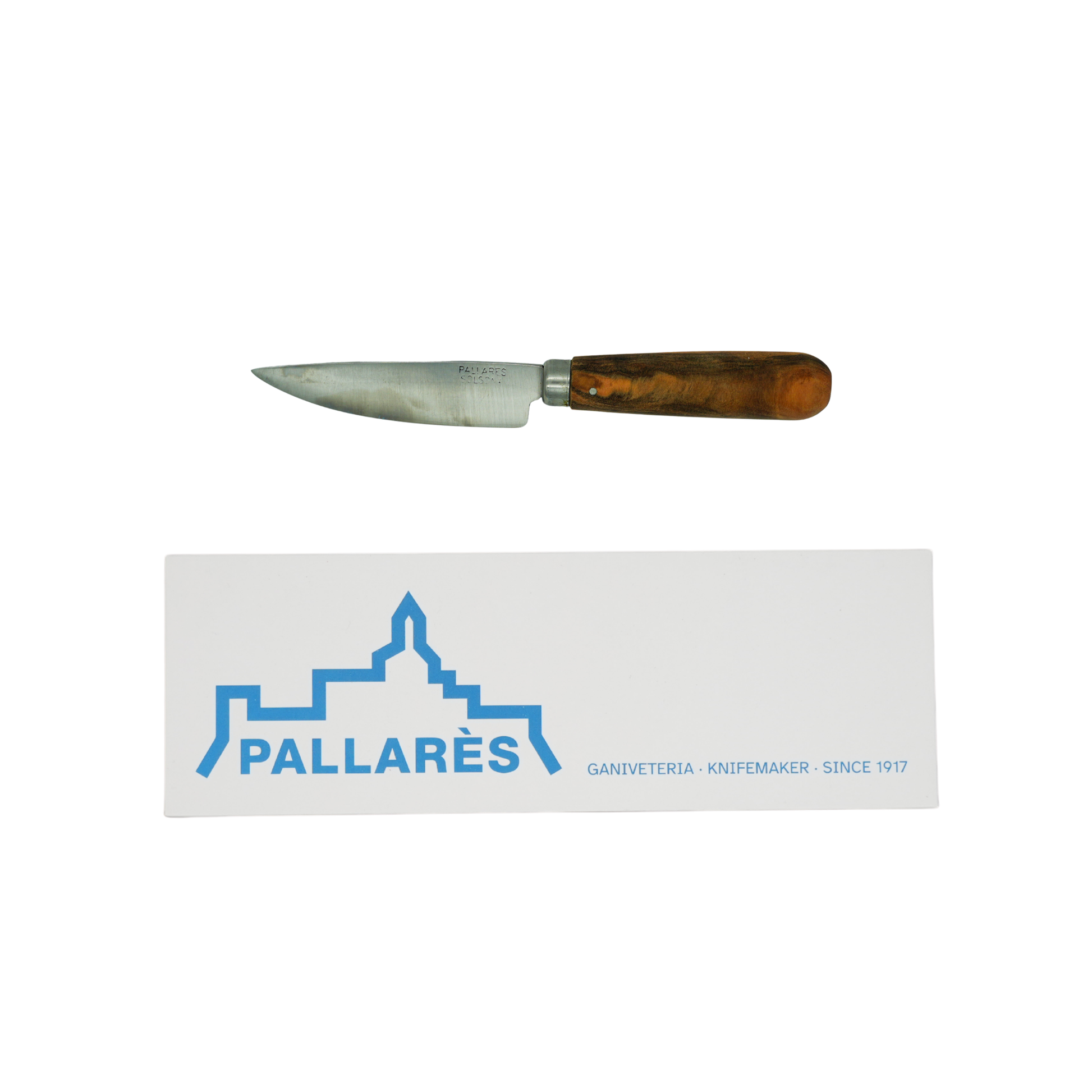 Showing the knife and the box from Pallares Solsona Kitchen Knife 8cm Straight Blade Carbon Steel Olive Wood Handle