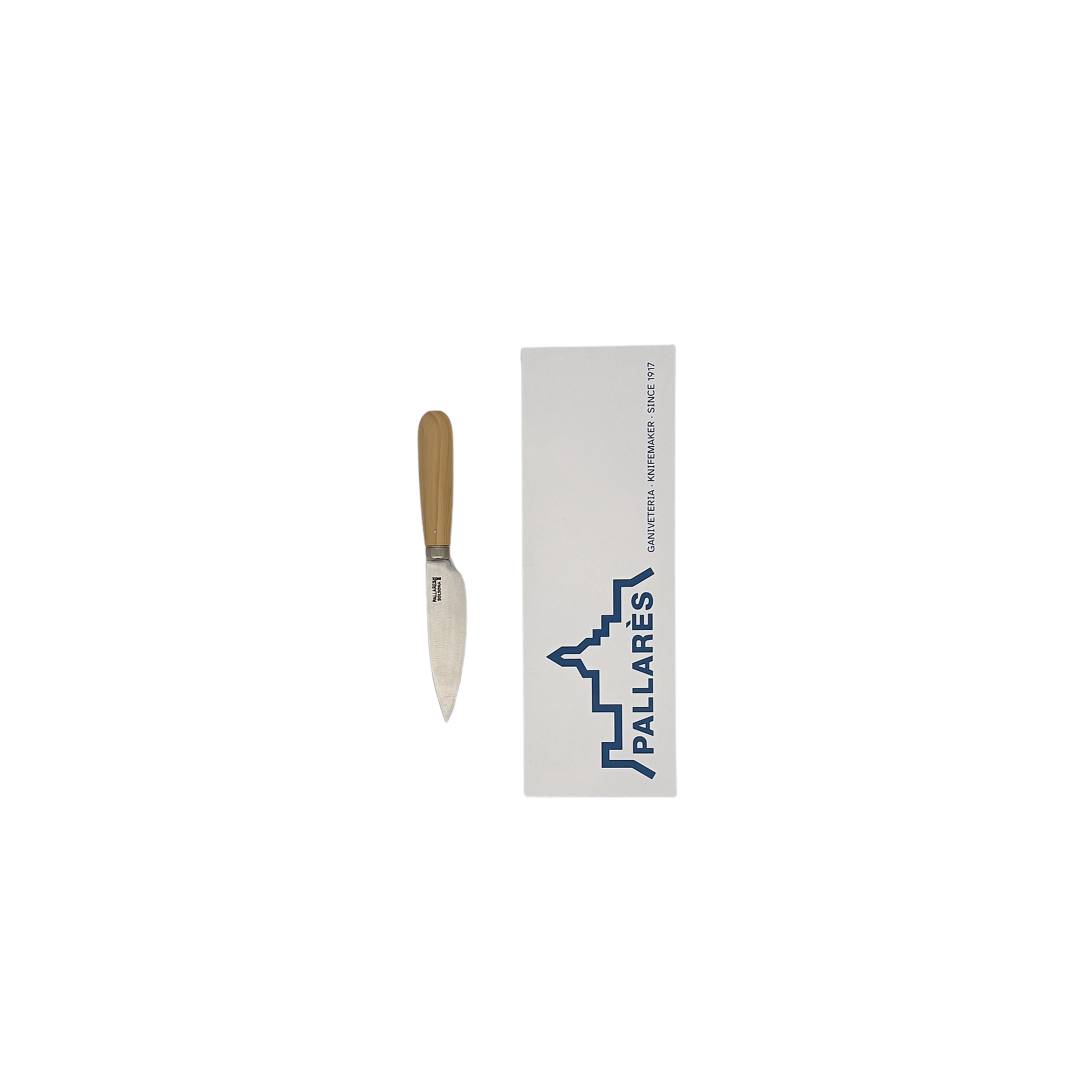 Pallares Solsona 9cm stainless steel kitchen knife with boxwood handle front view with packaging box