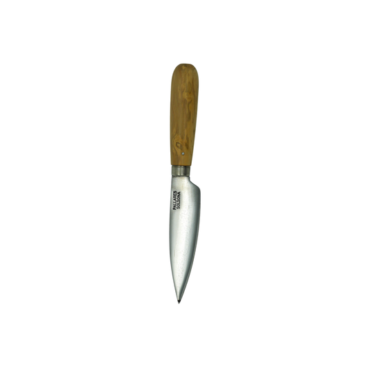 Tip down view of the Pallares Solsona Kitchen Knife 9cm Wide Blade Carbon Steel Boxwood Handle.