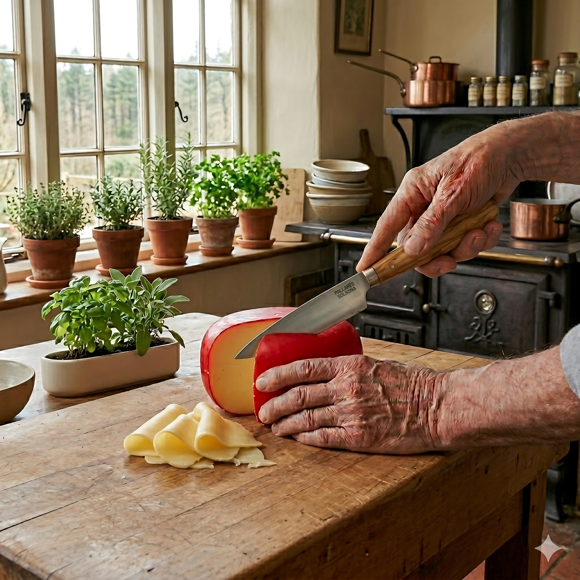 Pallares Solsona Kitchen Knife 9cm Wide Blade Carbon Steel Boxwood Handle shown in use in the kitchen.