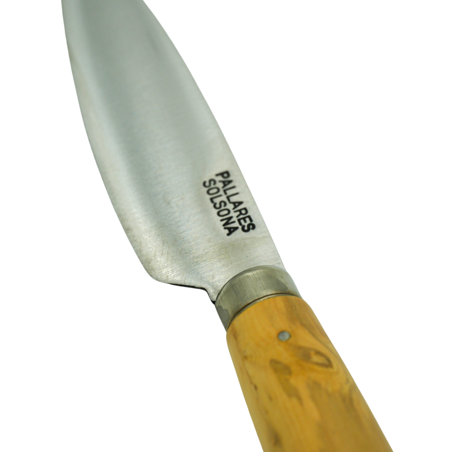 Close up on the knife logo from Pallares Solsona Kitchen Knife 9cm Wide Blade Carbon Steel Boxwood Handle.