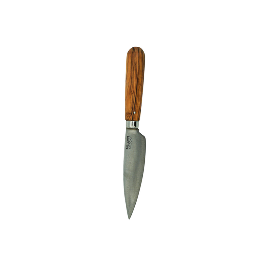 Tip down view of the Pallares Solsona Kitchen Knife 9cm Wide Blade Carbon Steel Olive Wood Handle