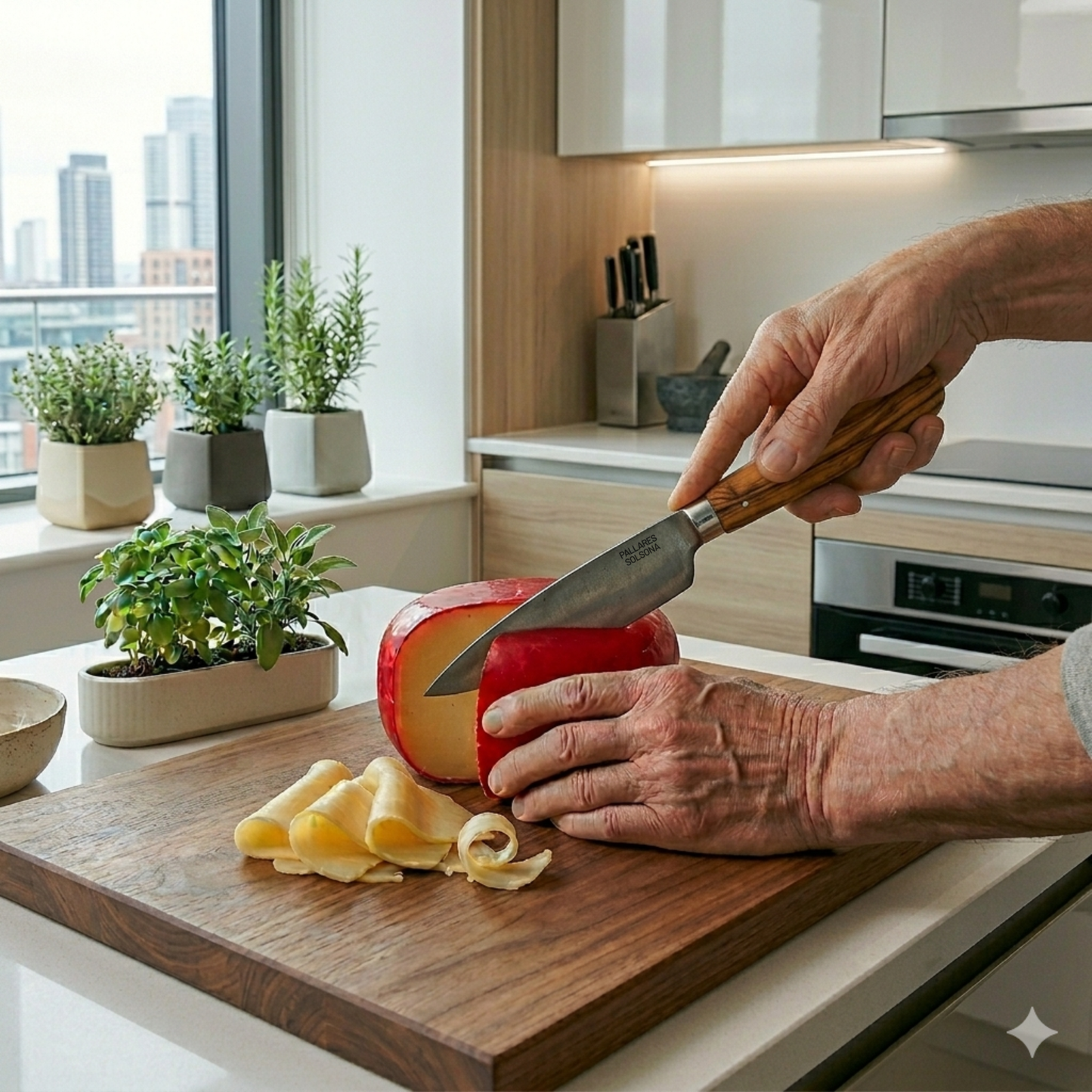 Pallares Solsona Kitchen Knife 9cm Wide Blade Carbon Steel Olive Wood Handle shown in use in the kitchen.