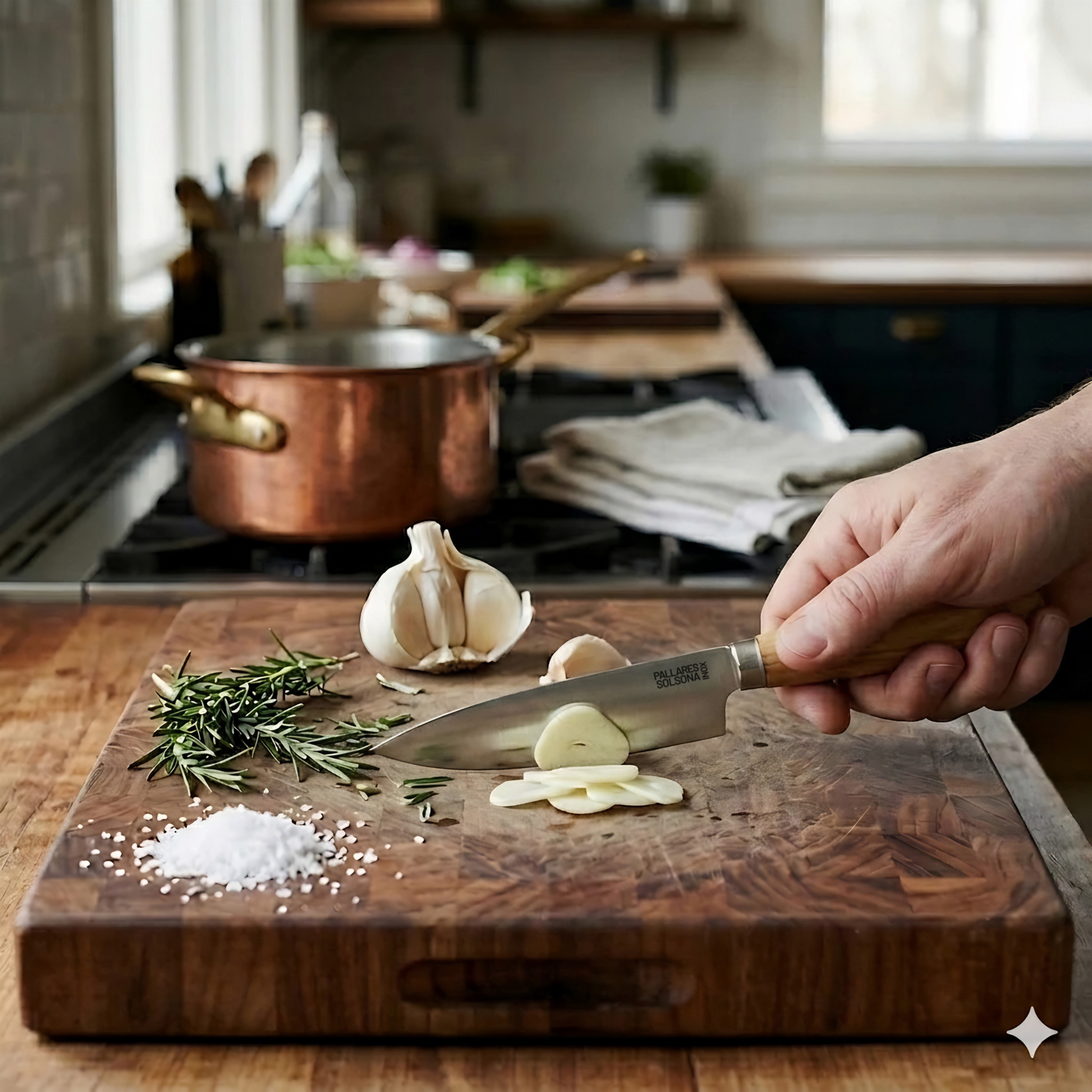 Pallares Solsona Kitchen Knife 9cm Wide Blade Stainless Steel Boxwood Handle shown in use in the kitchen.