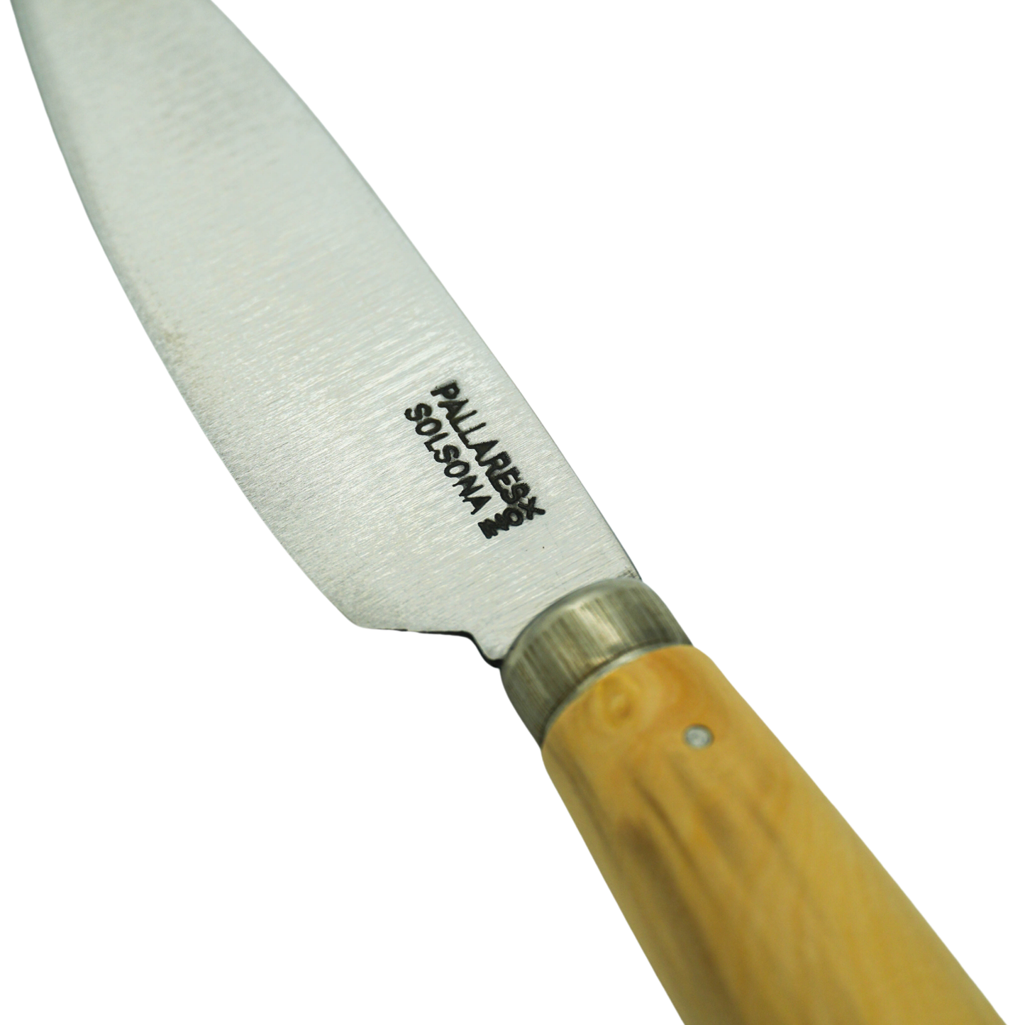 Close up on the knife logo from Pallares Solsona Kitchen Knife 9cm Wide Blade Stainless Steel Boxwood Handle
